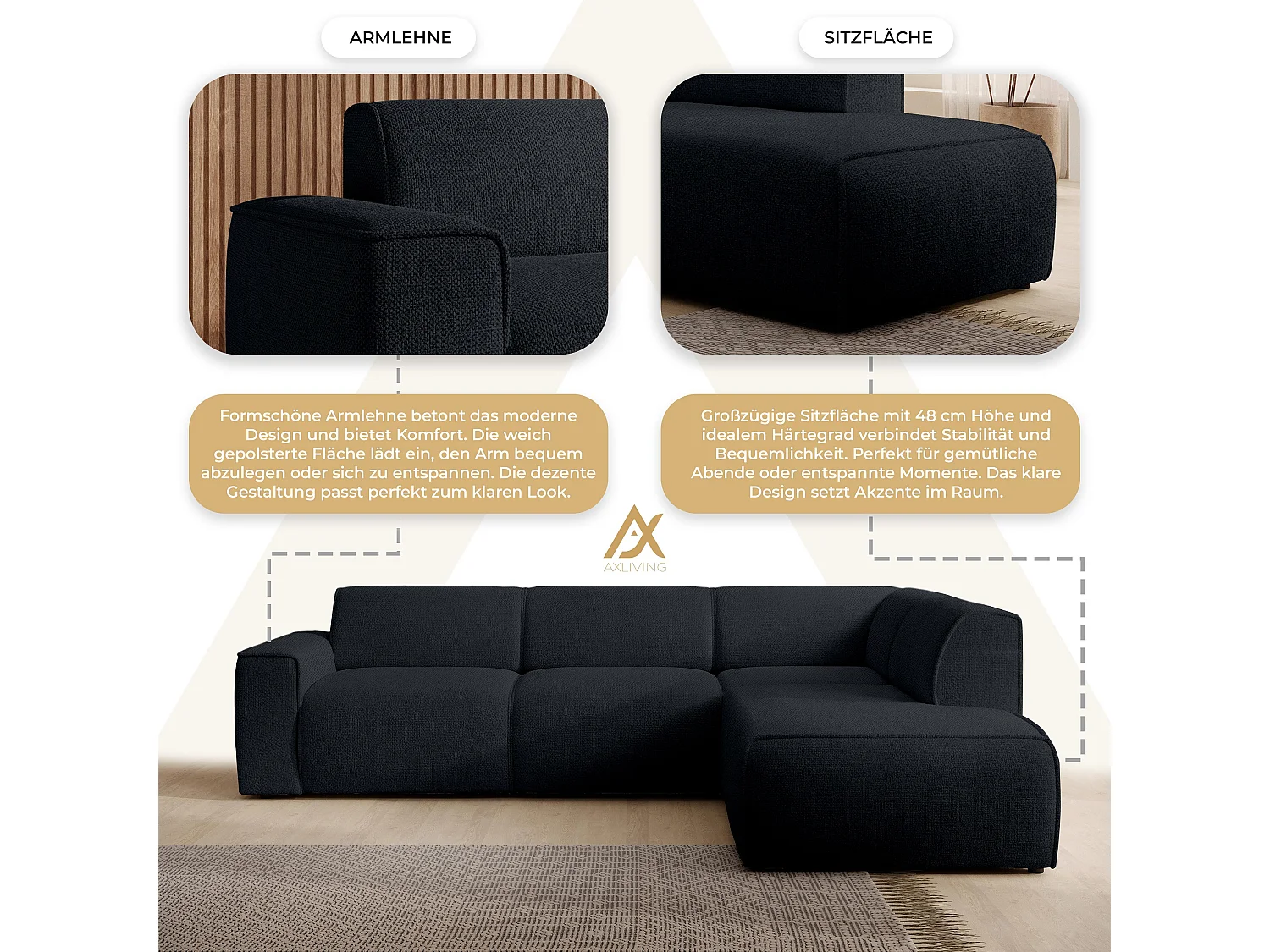 AX LIVING Couch Sofa L Form Didim L Schwarz – 292 cm, stilvoll & bequem R