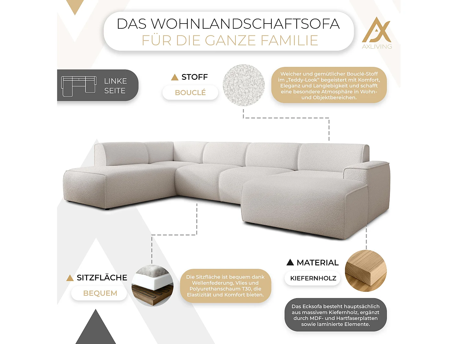 AX LIVING XXL Sofa U Form Didim Weiß 378cm breit, modern & großzügig L