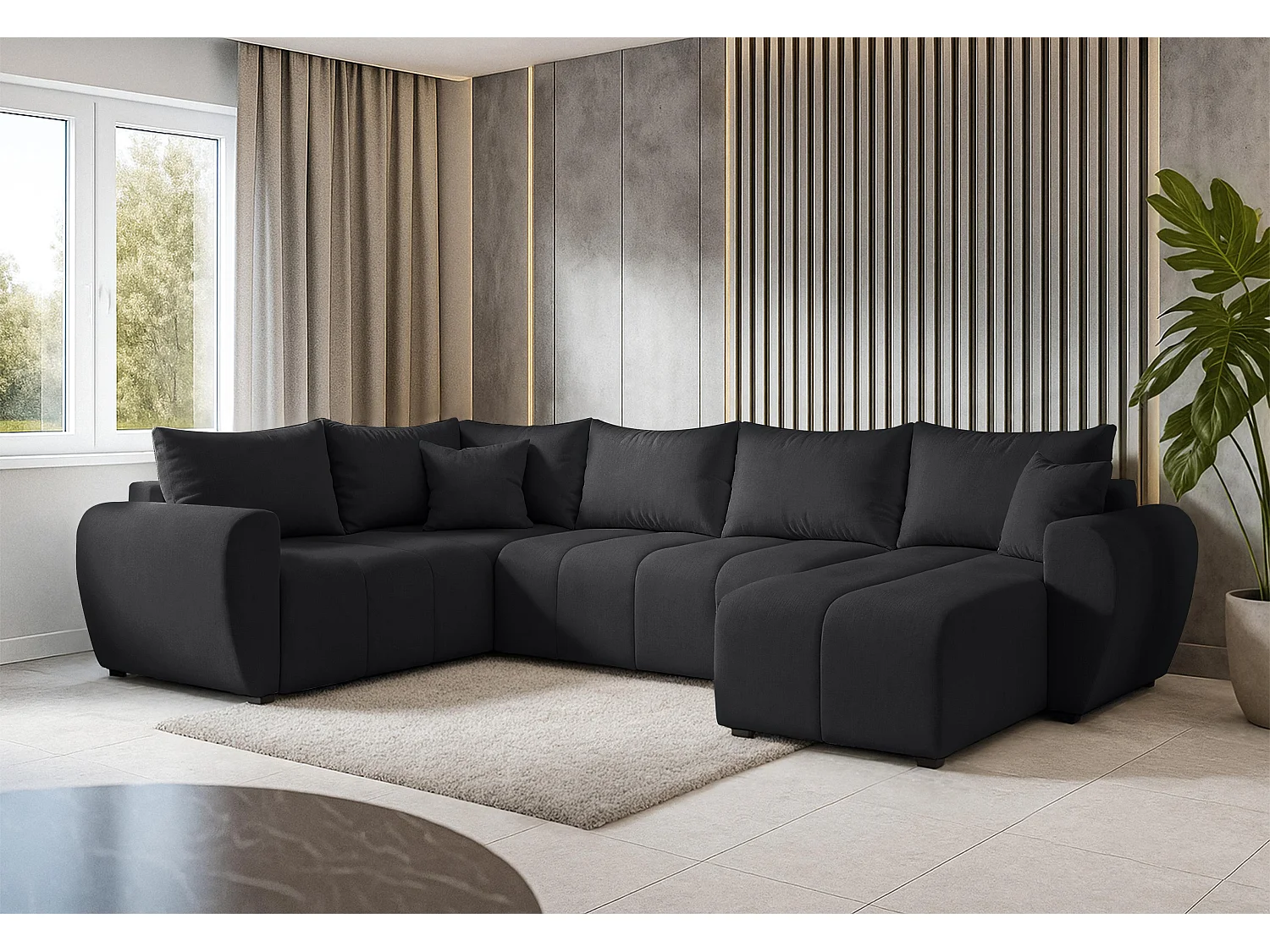 AX LIVING Canapé XXL en U Malatya noir 303 cm moderne convertible gauche