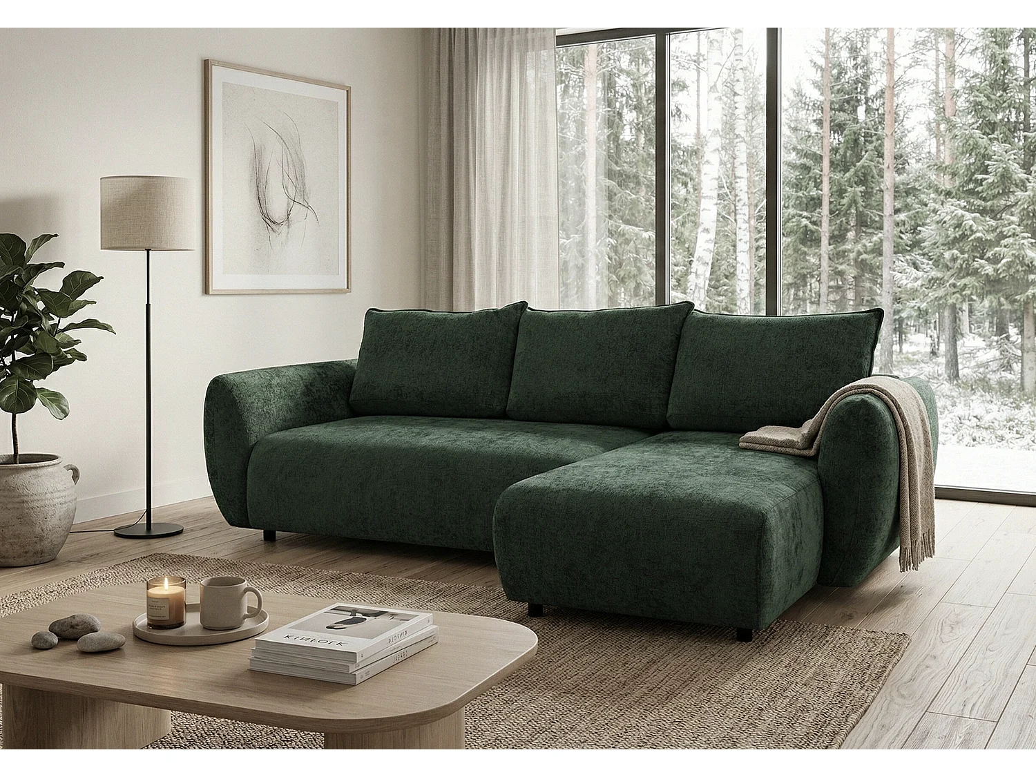 Canapé d’angle droit convertible élégant ZEPHIRA 258 × 170 cm en tissu FLOW 19 vert