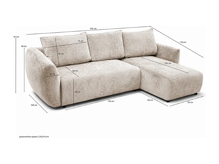 Canapé d’angle droit convertible élégant ZEPHIRA 258 × 170 cm en tissu FLOW 19 vert