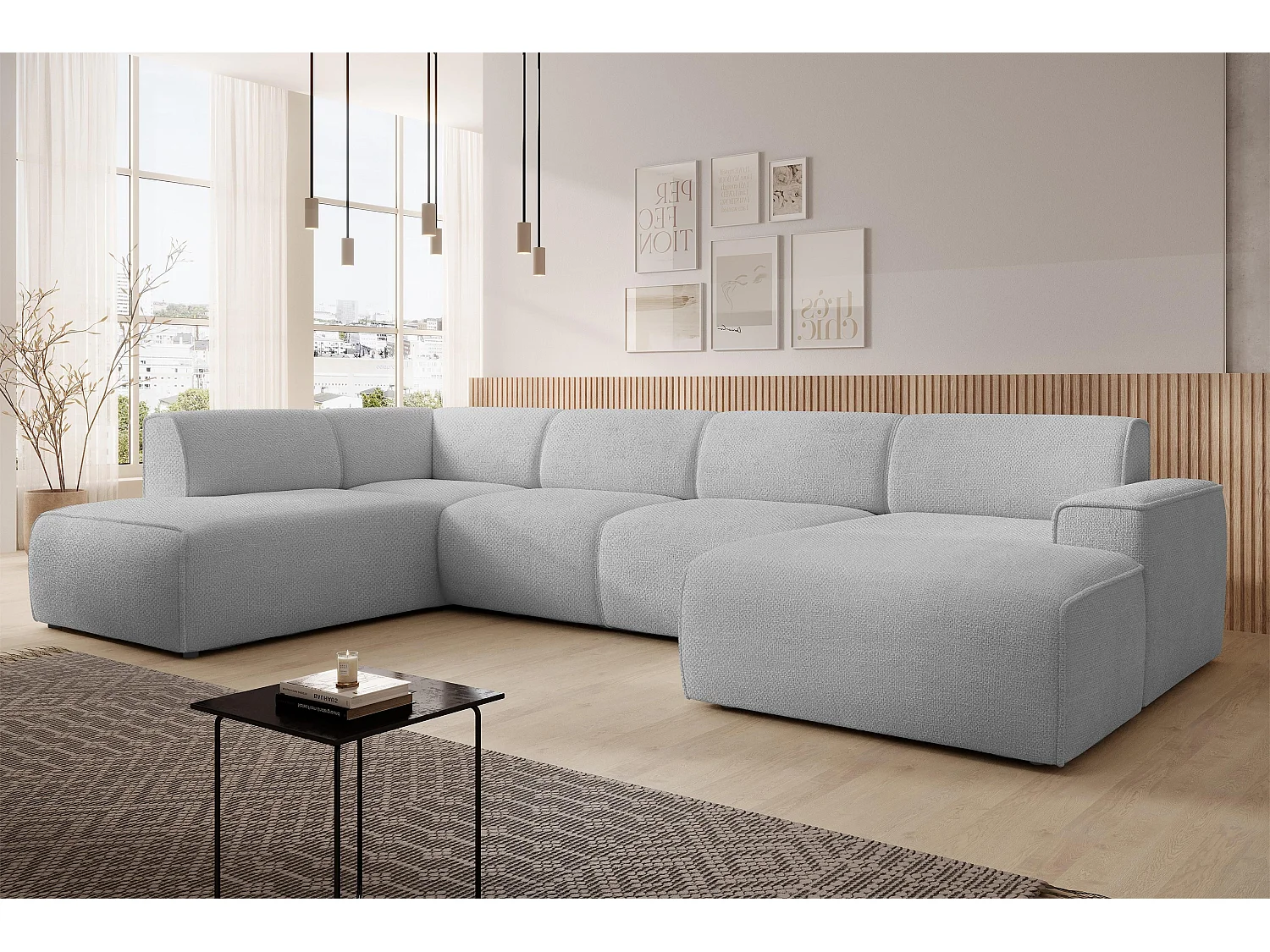 AX LIVING Canapé XXL en U Didim gris clair 378 cm moderne spacieux gauche