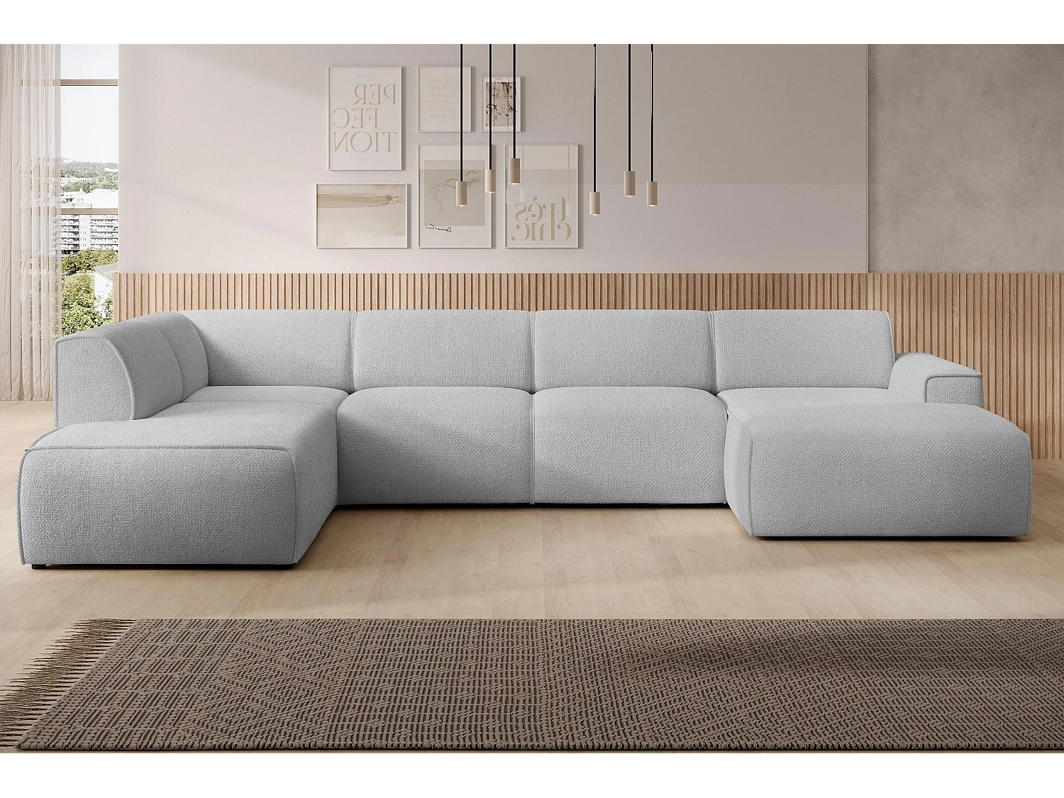 AX LIVING Canapé XXL en U Didim gris clair 378 cm moderne spacieux gauche