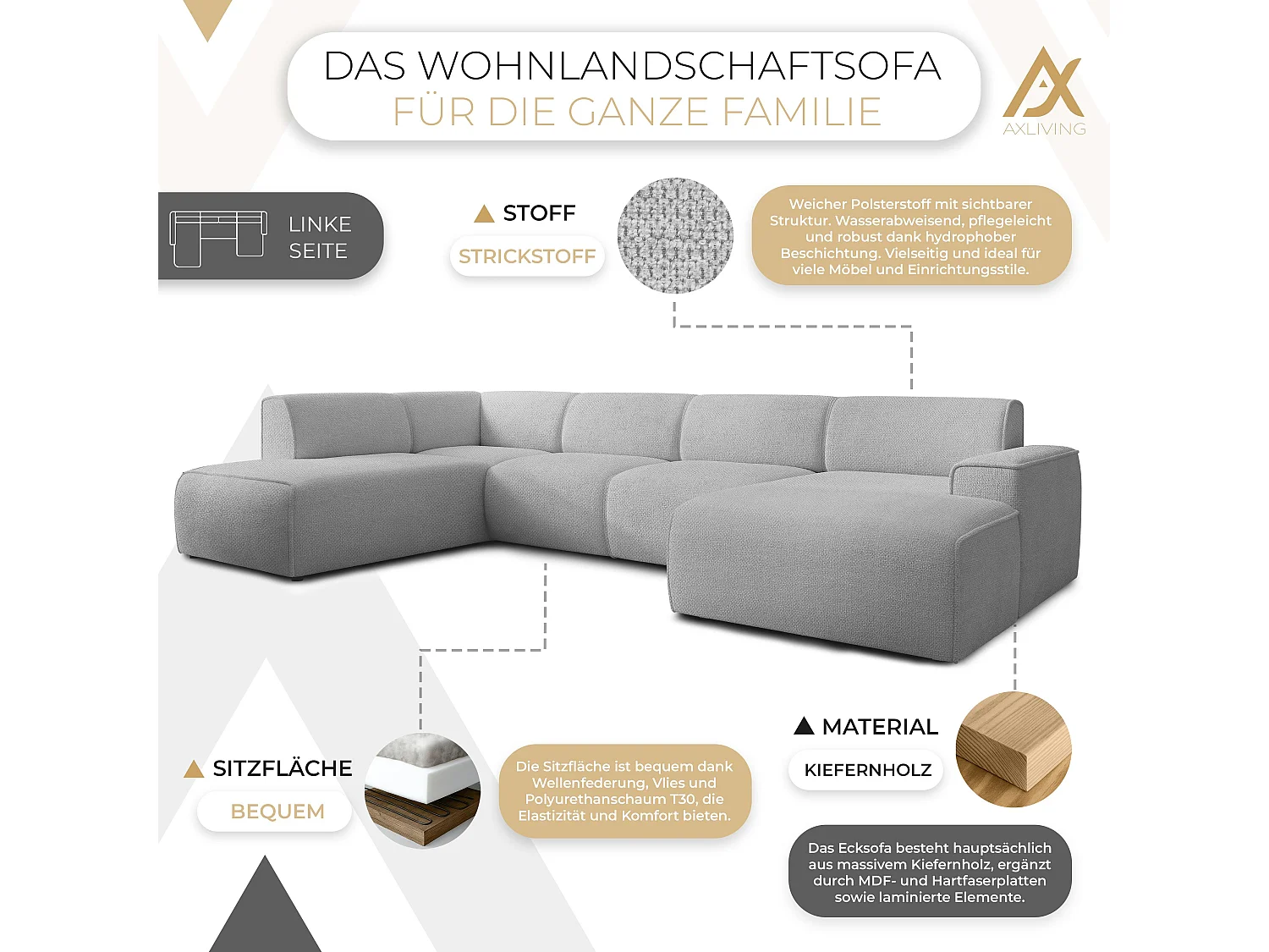 AX LIVING Canapé XXL en U Didim gris clair 378 cm moderne spacieux gauche