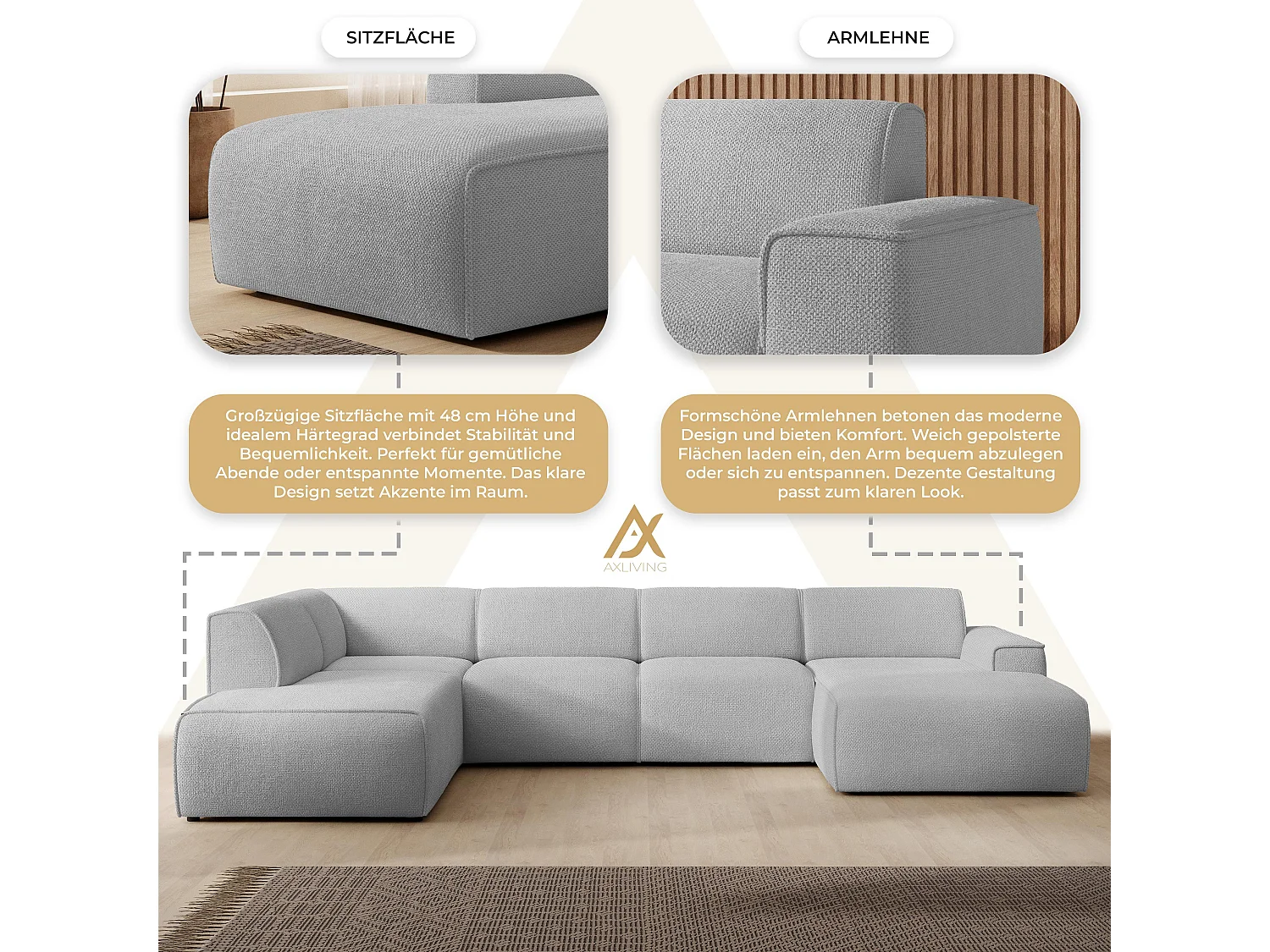 AX LIVING Canapé XXL en U Didim gris clair 378 cm moderne spacieux gauche