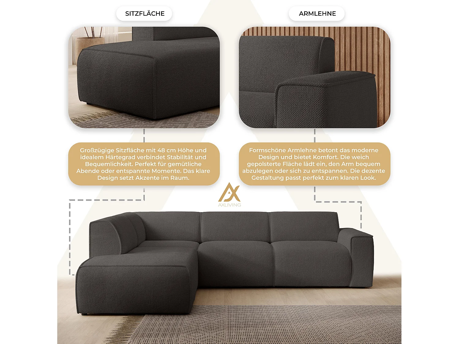 AX LIVING Canapé d’angle L Didim L gris 292 cm élégant confortable gauche