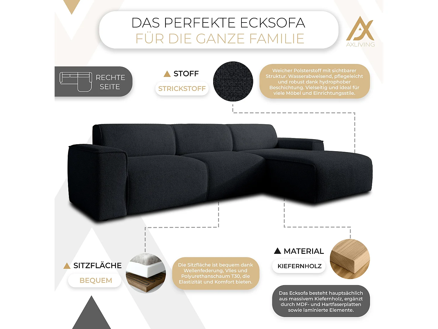 AX LIVING Couch Sofa L Form Didim mini Schwarz 310 cm breit, stilvoll R