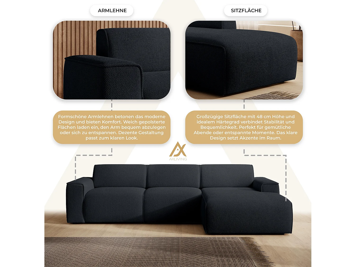AX LIVING Couch Sofa L Form Didim mini Schwarz 310 cm breit, stilvoll R
