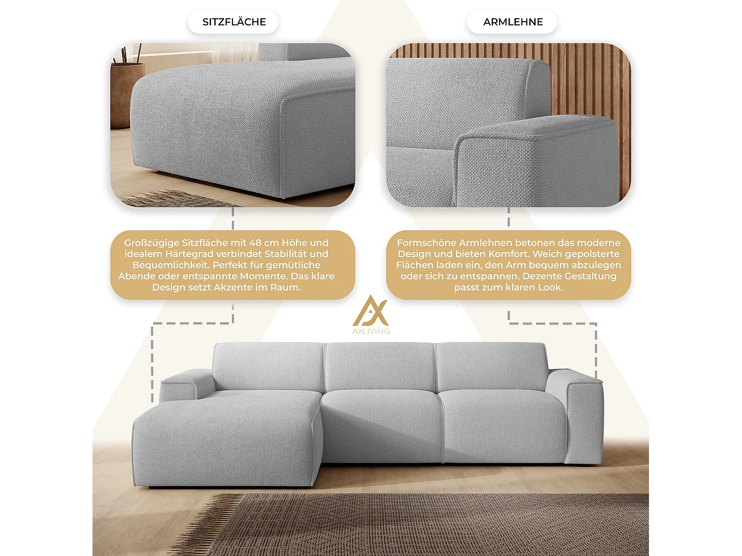 AX LIVING Canapé d’angle L Didim mini gris clair 310 cm moderne gauche