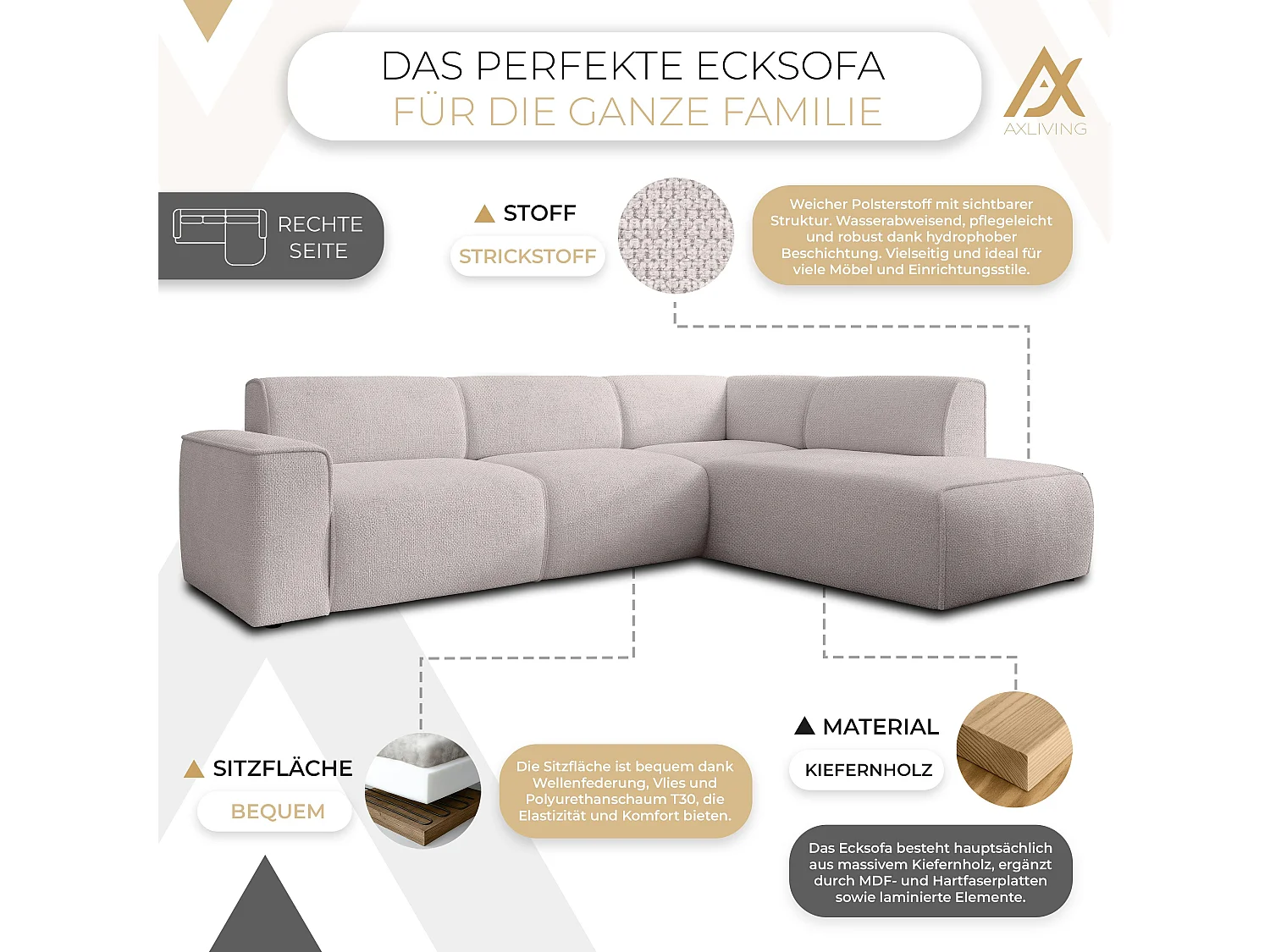 AX LIVING Couch Sofa L Form Didim L Creme – 292 cm, stilvoll & bequem R