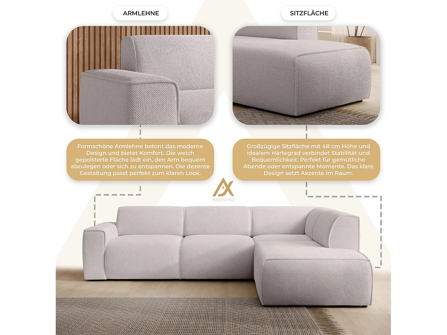 AX LIVING Couch Sofa L Form Didim L Creme – 292 cm, stilvoll & bequem R