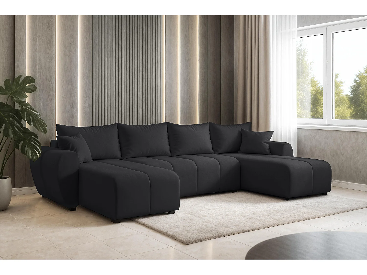 AX LIVING Canapé panoramique en U Malatya noir convertible 311 cm moderne