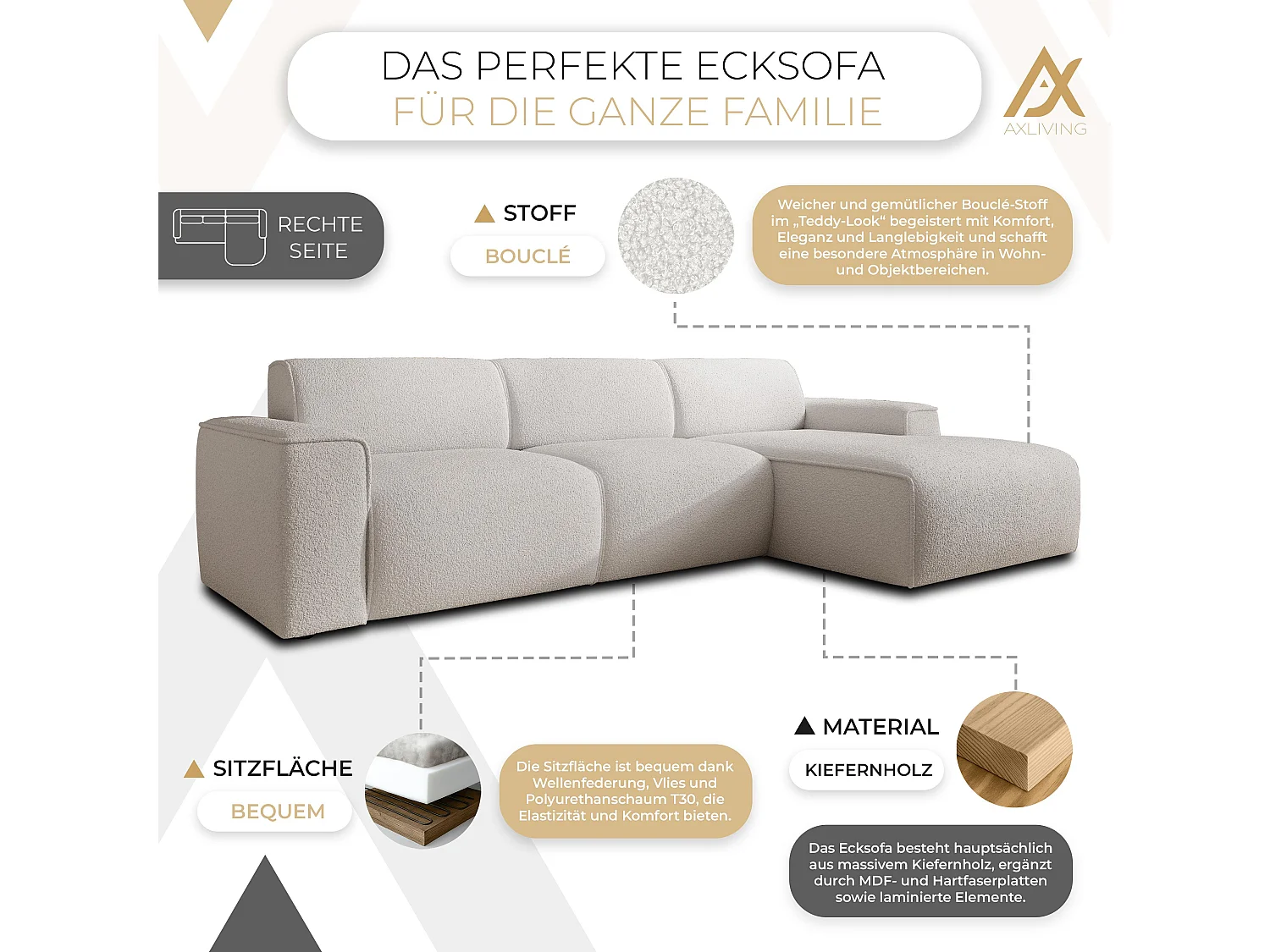 AX LIVING Couch Sofa L Form Didim mini Weiß 310 cm breit, stilvoll R