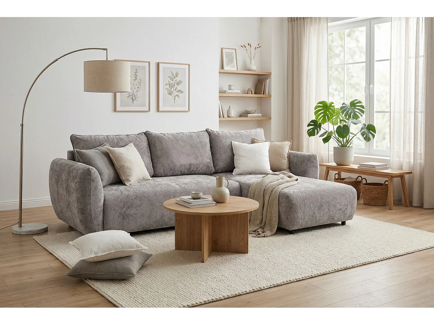 Canapé d’angle convertible droit ZEPHIRA 258 × 170 cm en tissu FLOW 1 gris