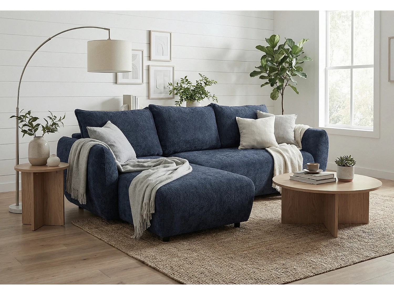 Canapé d’angle gauche convertible élégant ZEPHIRA 258 × 170 cm en tissu FLOW 22 bleu foncé