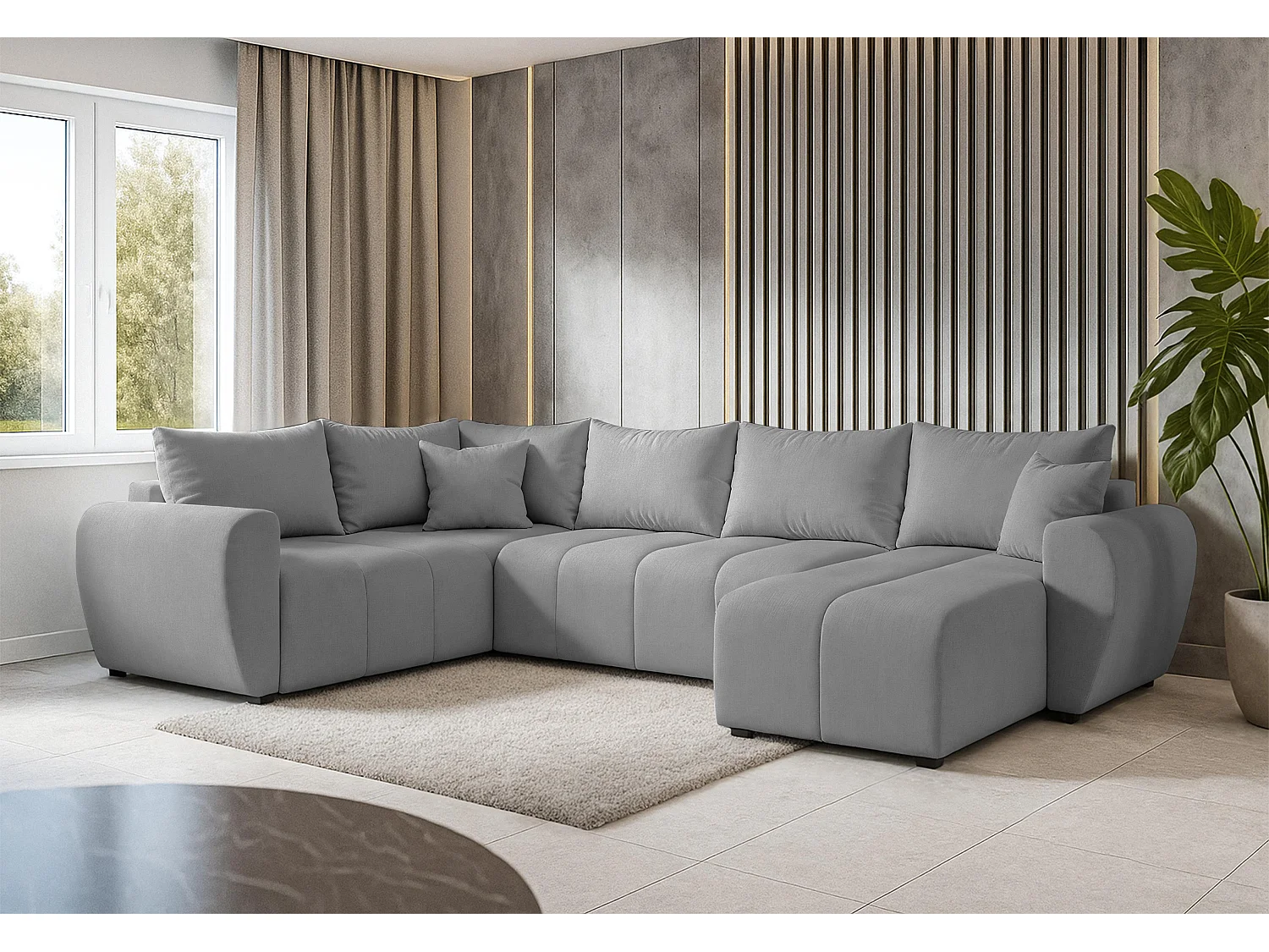 AX LIVING Canapé XXL en U Malatya gris clair 303 cm convertible gauche