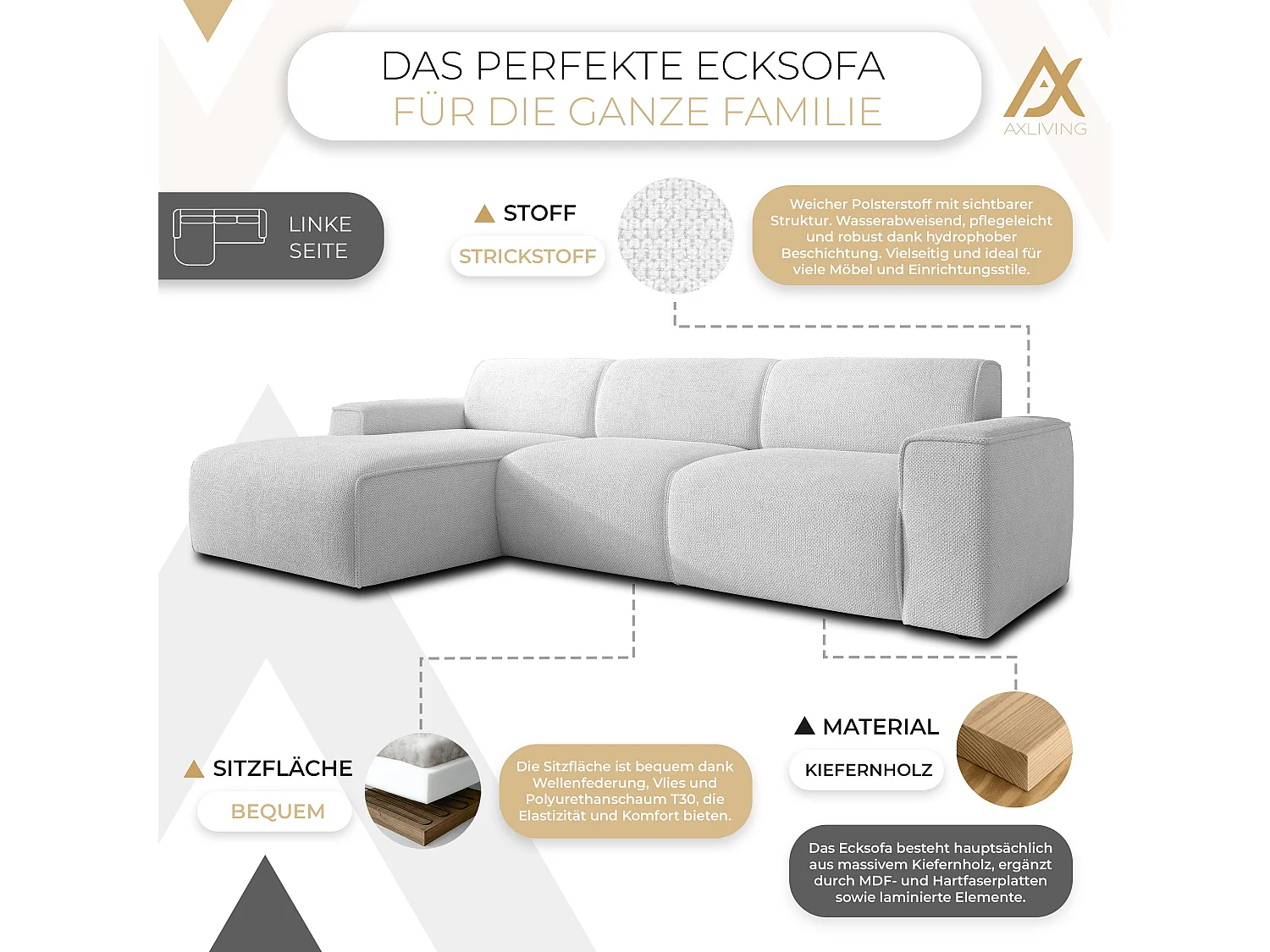 AX LIVING Couch Sofa L Form Didim mini Silber 310 cm stilvoll L