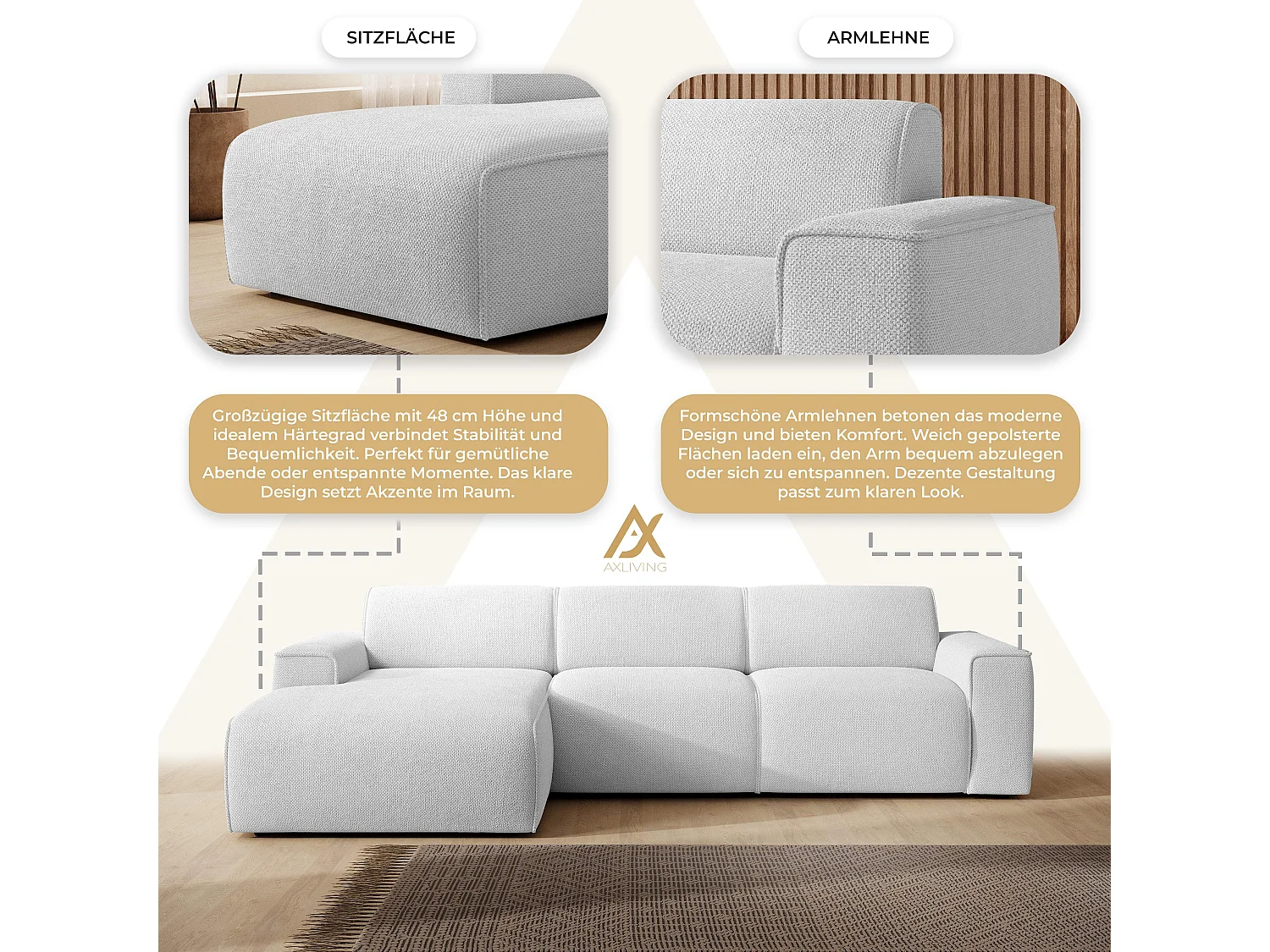 AX LIVING Couch Sofa L Form Didim mini Silber 310 cm stilvoll L