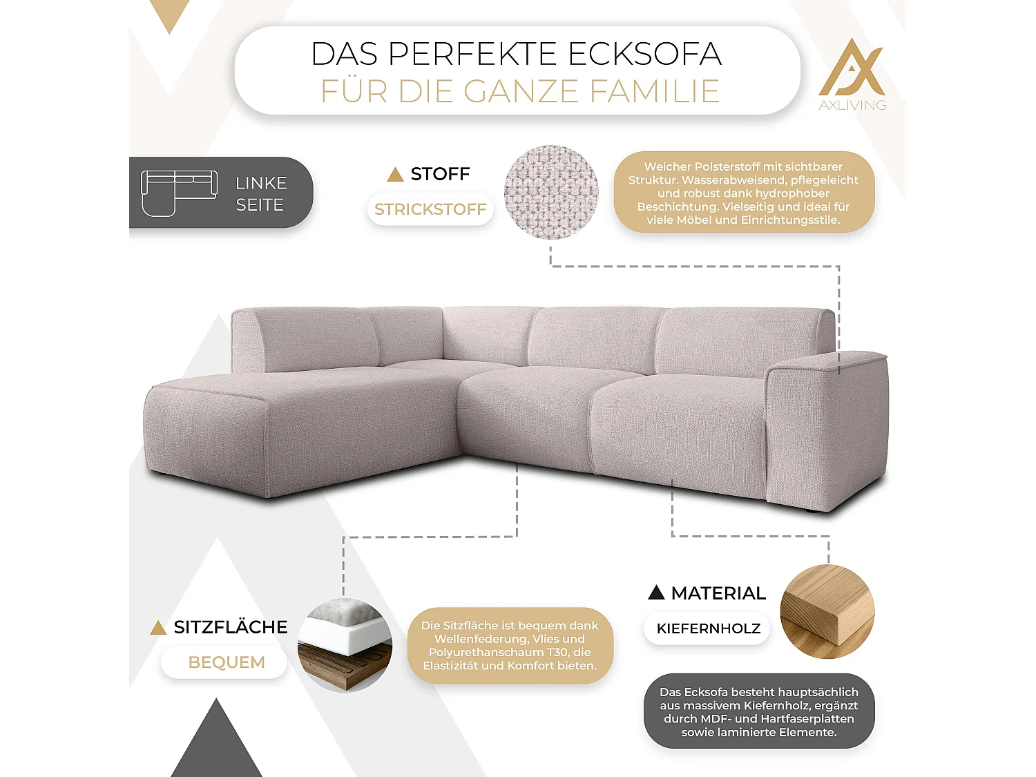 AX LIVING Couch Sofa L Form Didim L Creme – 292 cm, stilvoll & bequem L