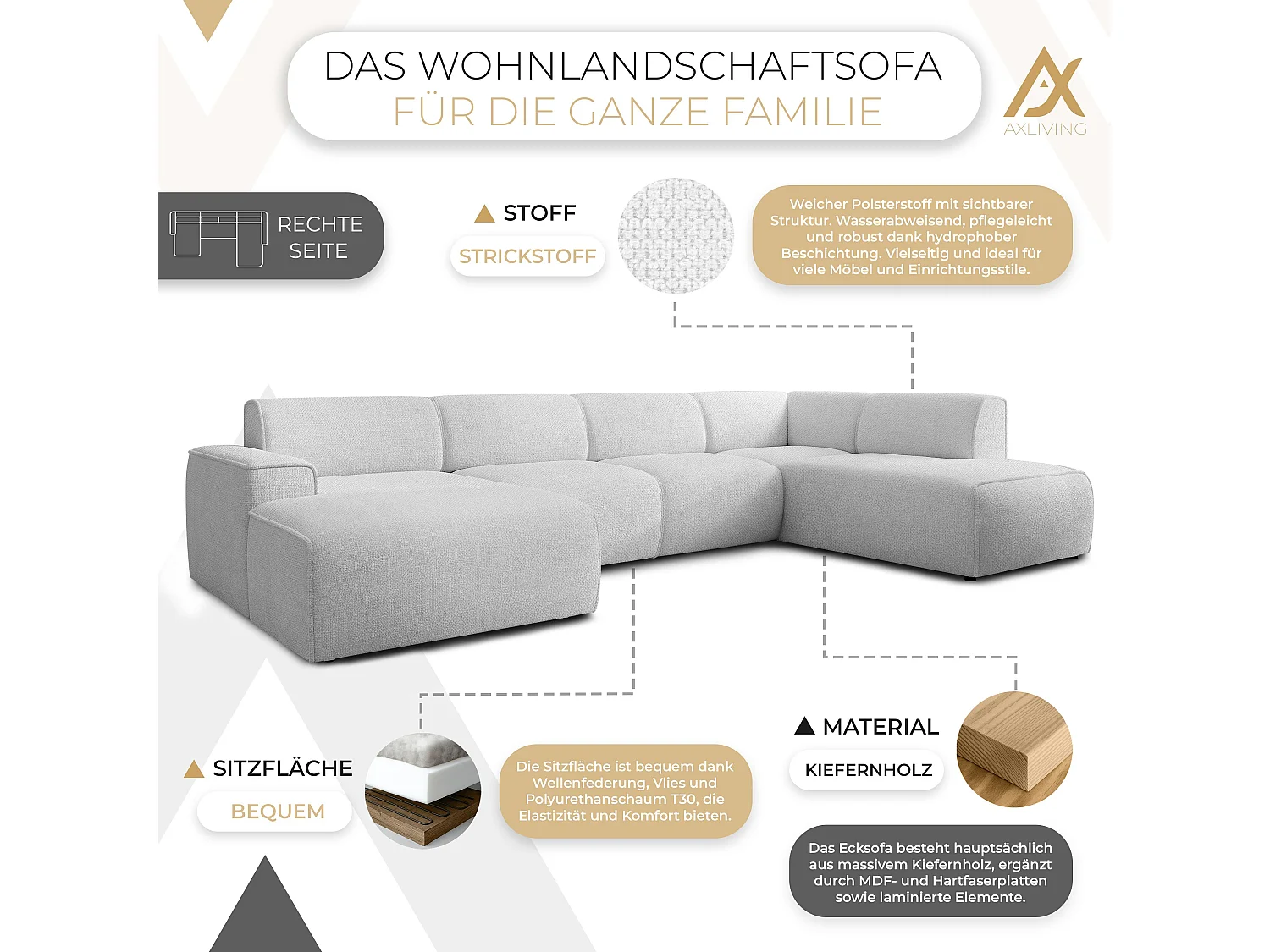 AX LIVING XXL Sofa U Form Didim Silber 378 cm modern & großzügig R