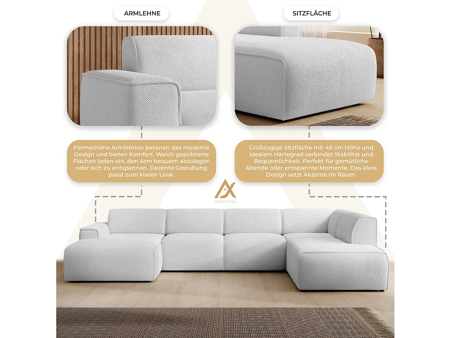 AX LIVING XXL Sofa U Form Didim Silber 378 cm modern & großzügig R