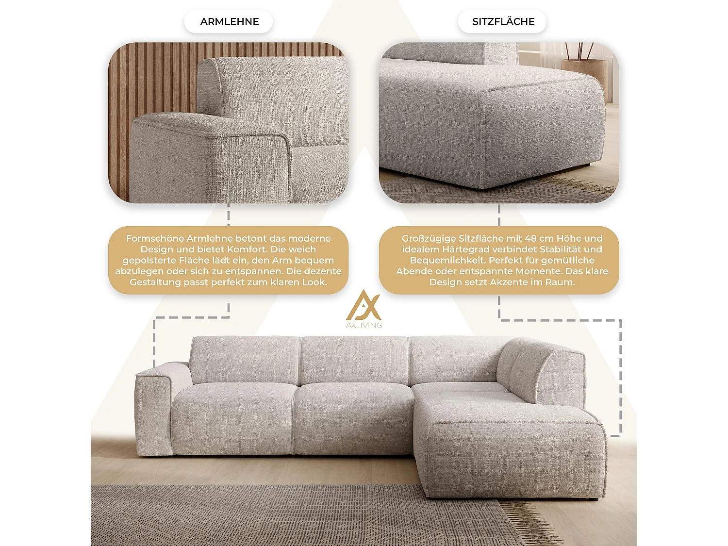 AX LIVING Couch Sofa L Form Didim L Ivory – 292 cm stilvoll & bequem R