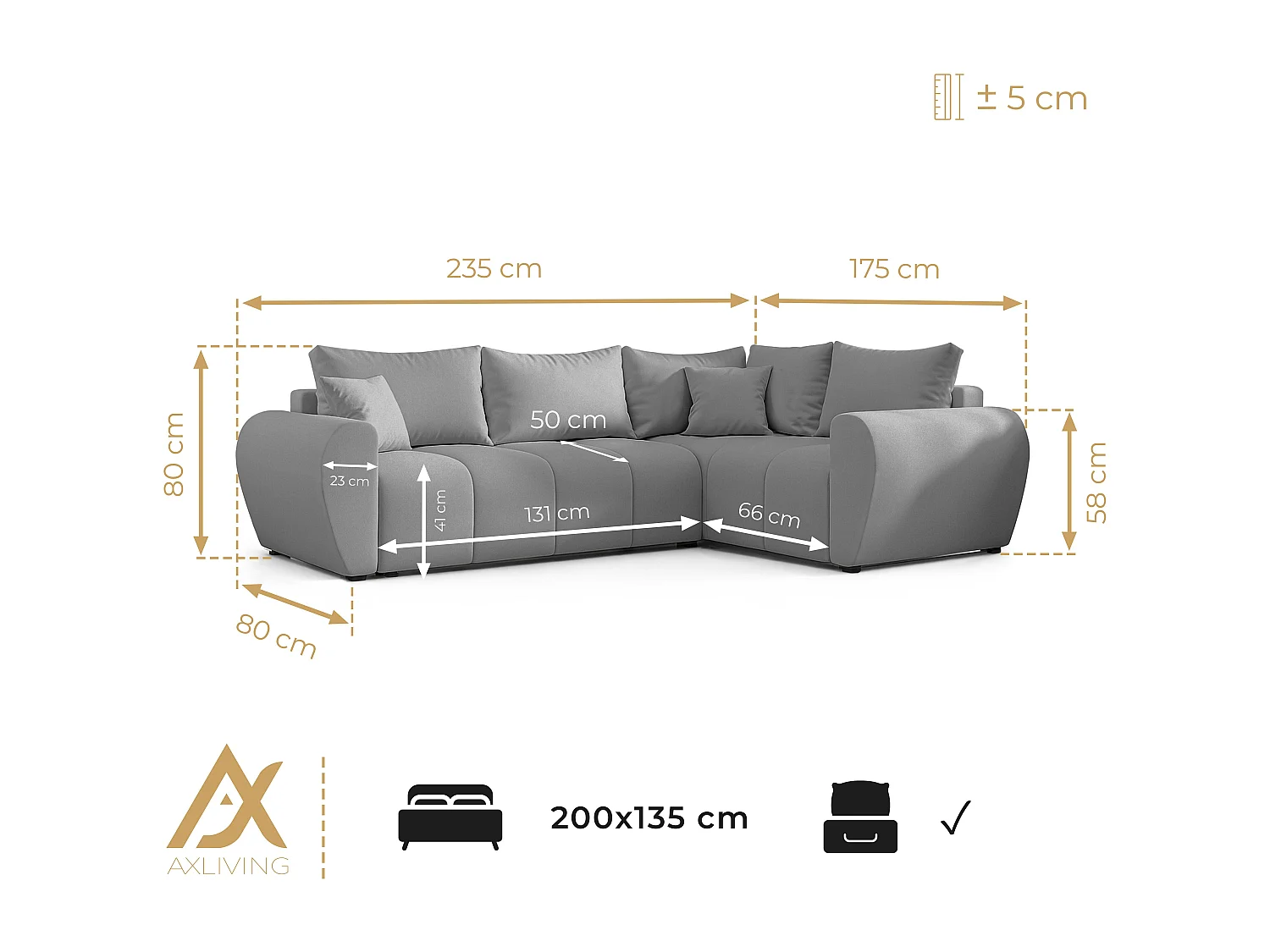 AX LIVING Canapé d’angle convertible Malatya L beige 235 cm confortable droite