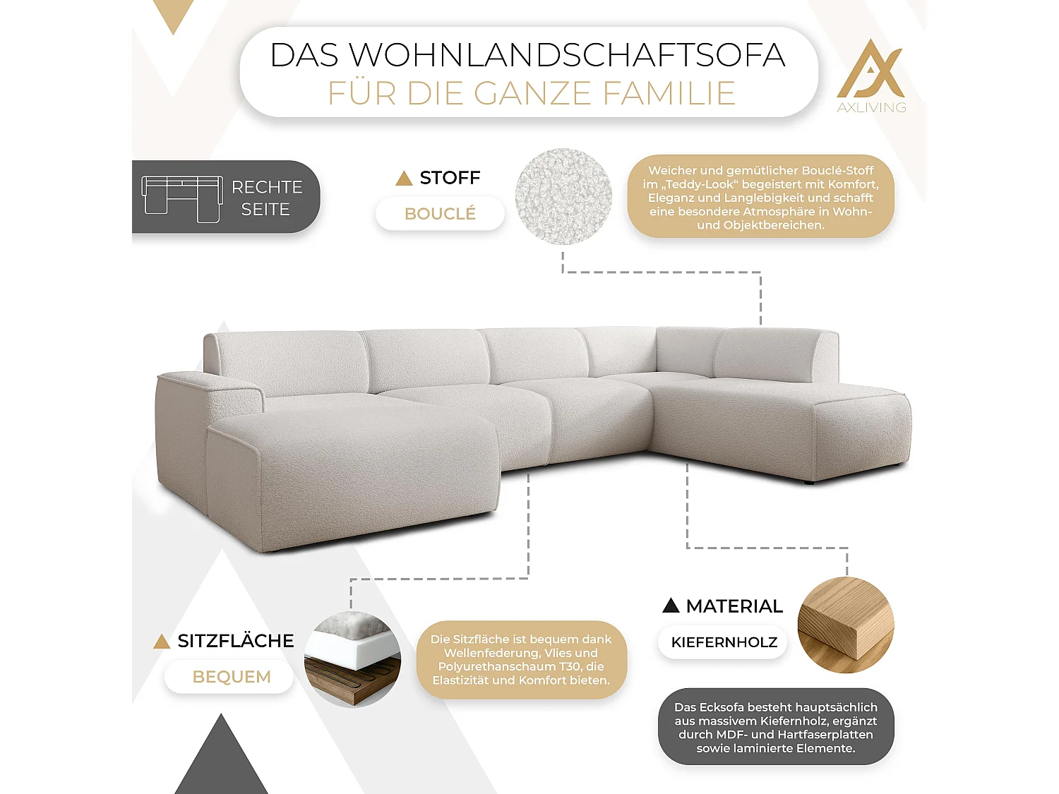 AX LIVING XXL Sofa U Form Didim Weiß 378cm breit, modern & großzügig R