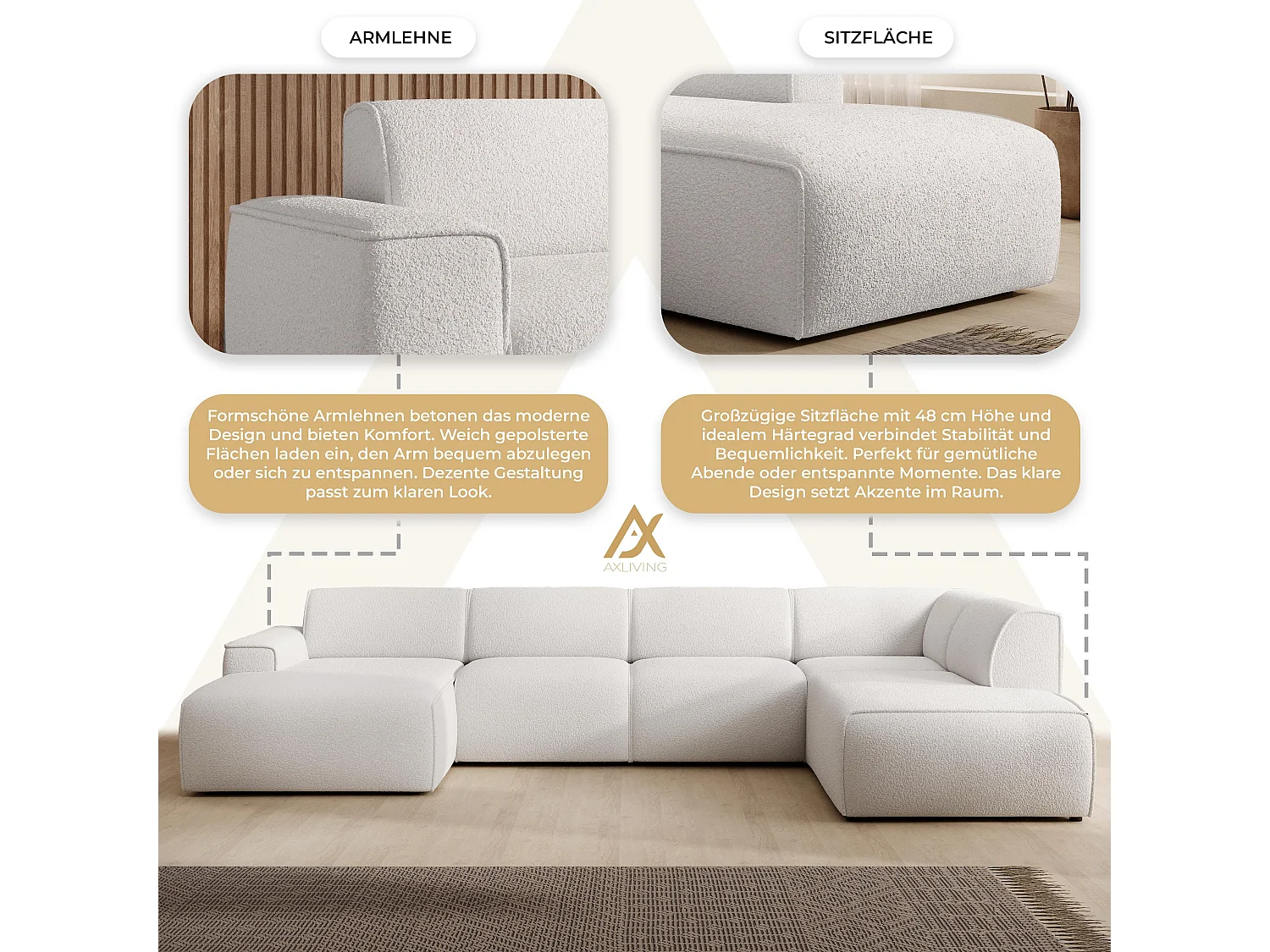 AX LIVING XXL Sofa U Form Didim Weiß 378cm breit, modern & großzügig R