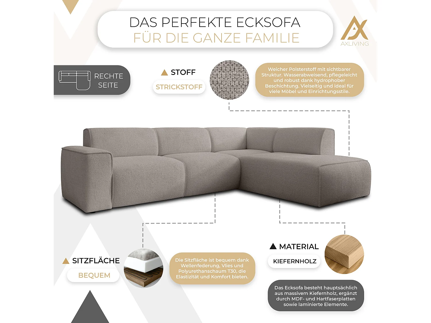 AX LIVING Couch Sofa L Form Didim L Beige – 292 cm, stilvoll & bequem R