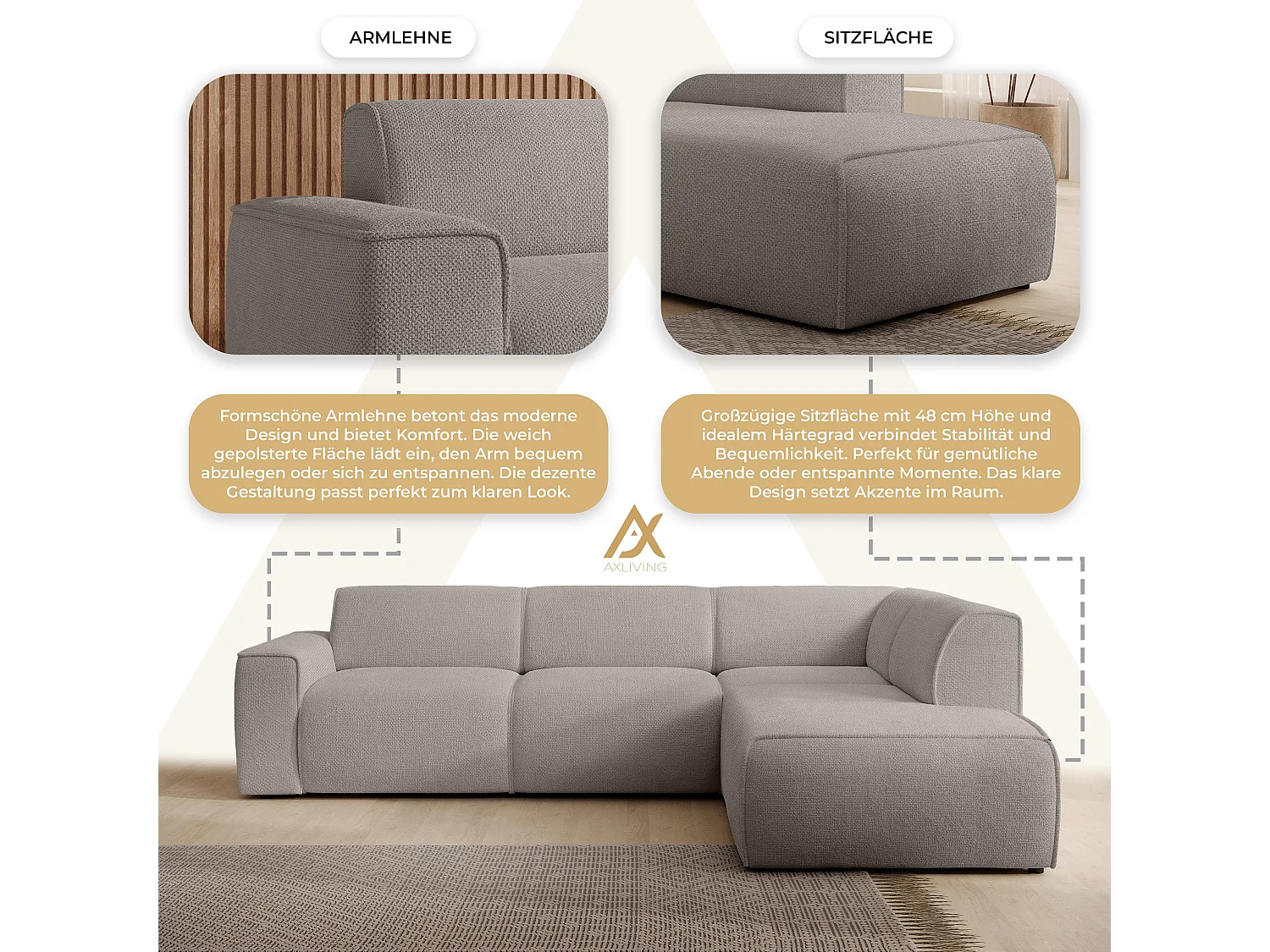 AX LIVING Couch Sofa L Form Didim L Beige – 292 cm, stilvoll & bequem R