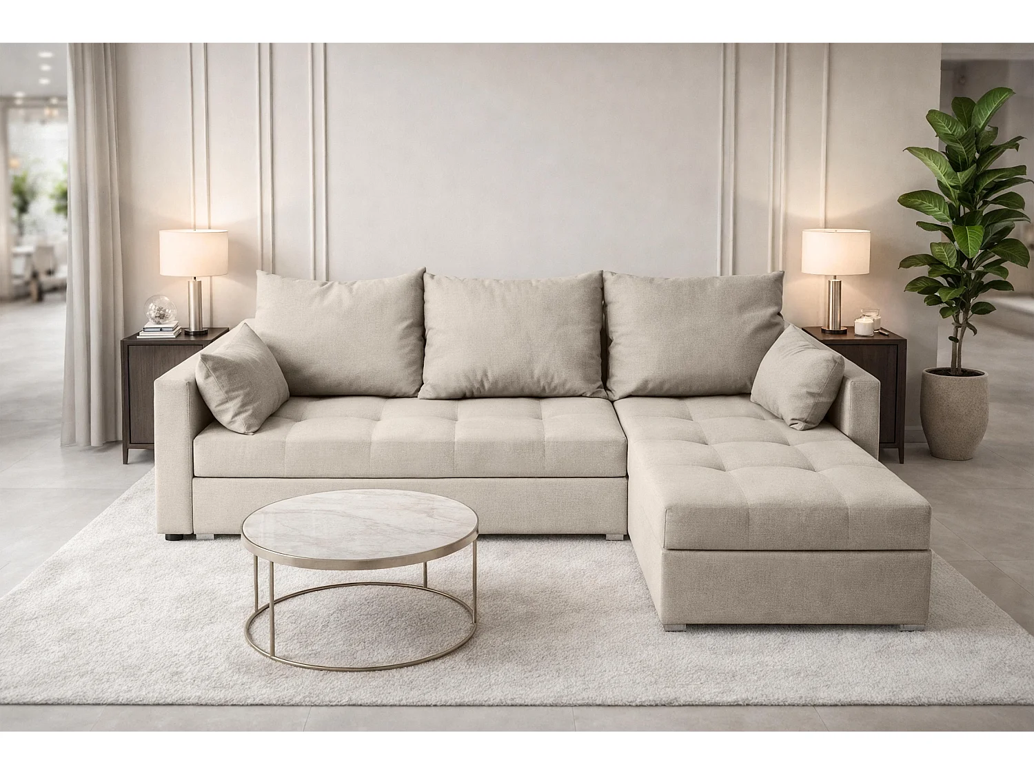 AX LIVING Canapé d’angle ELIF beige convertible avec coffre L moderne droite