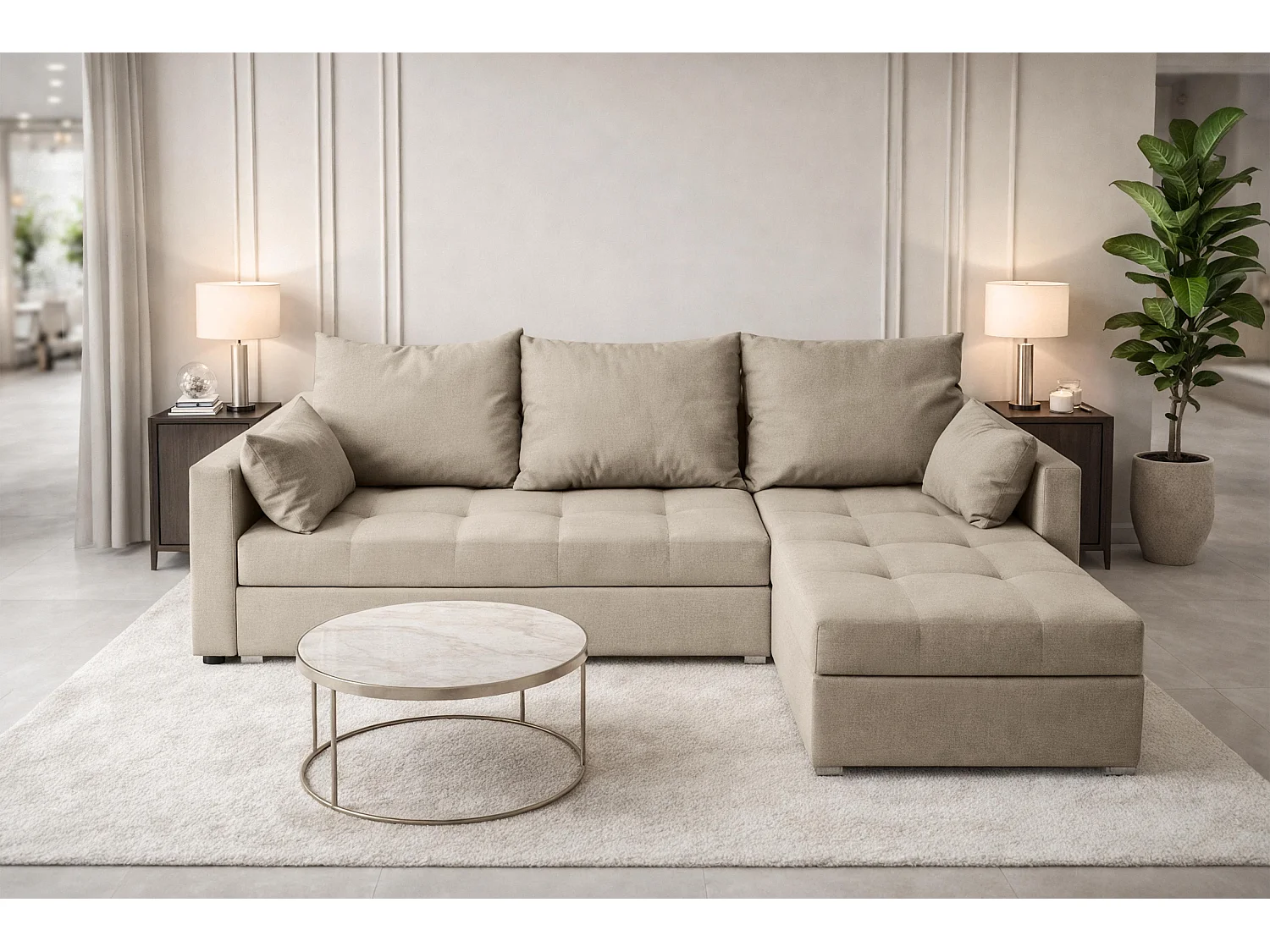 AX LIVING Canapé d’angle ELIF beige convertible avec coffre L moderne droite