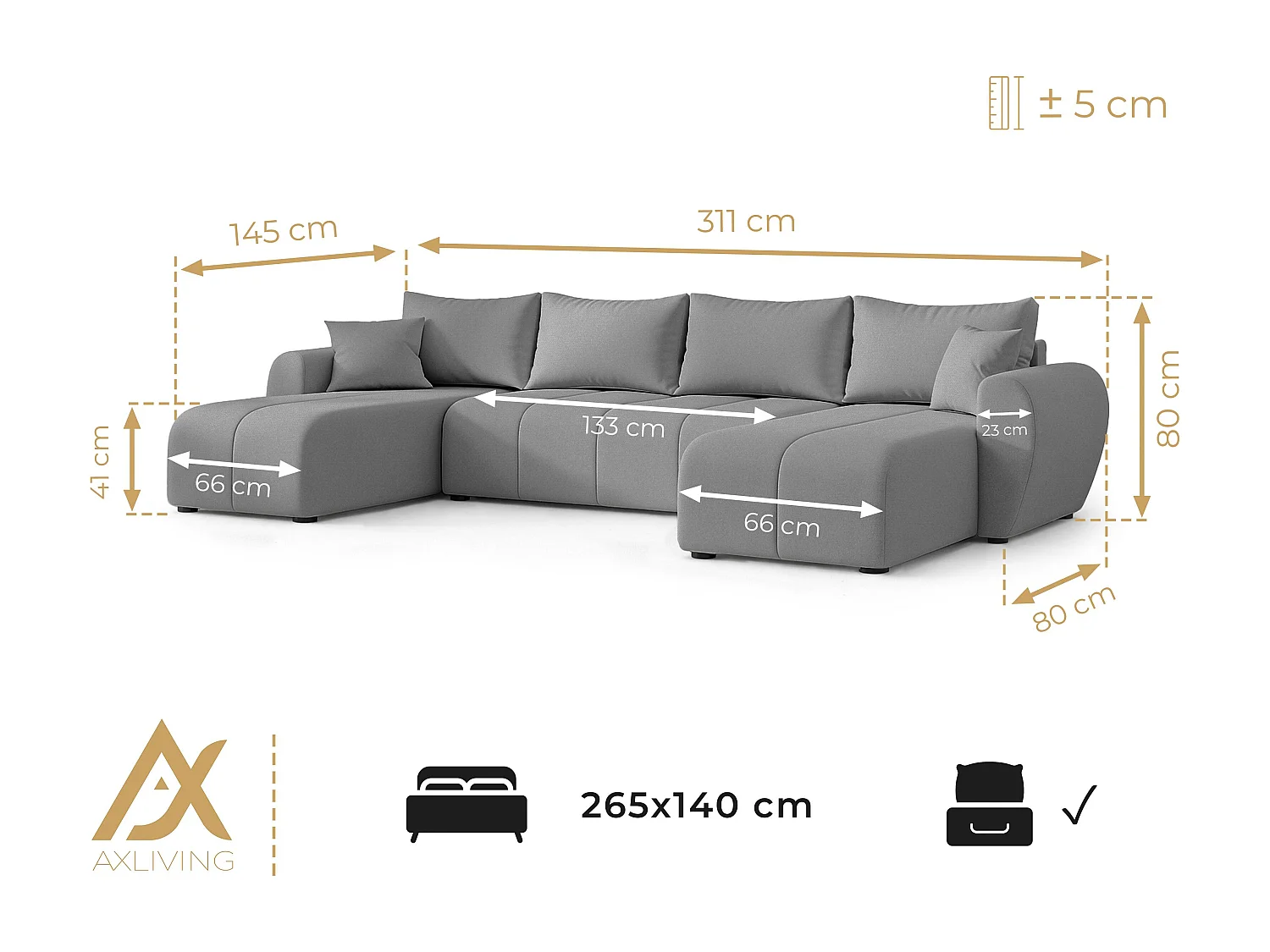 AX LIVING Canapé panoramique en U Malatya marron clair convertible 311 cm