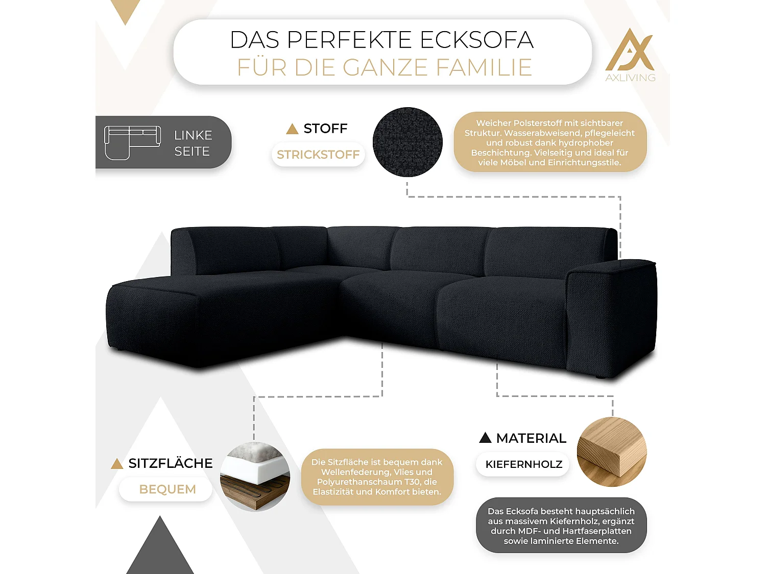 AX LIVING Couch Sofa L Form Didim L Schwarz – 292 cm, stilvoll & bequem L