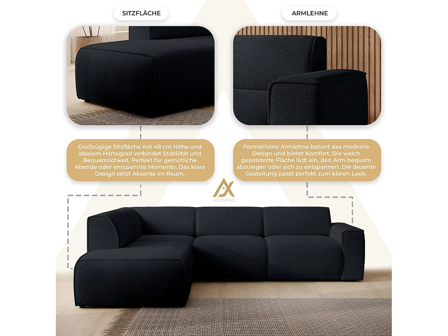 AX LIVING Couch Sofa L Form Didim L Schwarz – 292 cm, stilvoll & bequem L