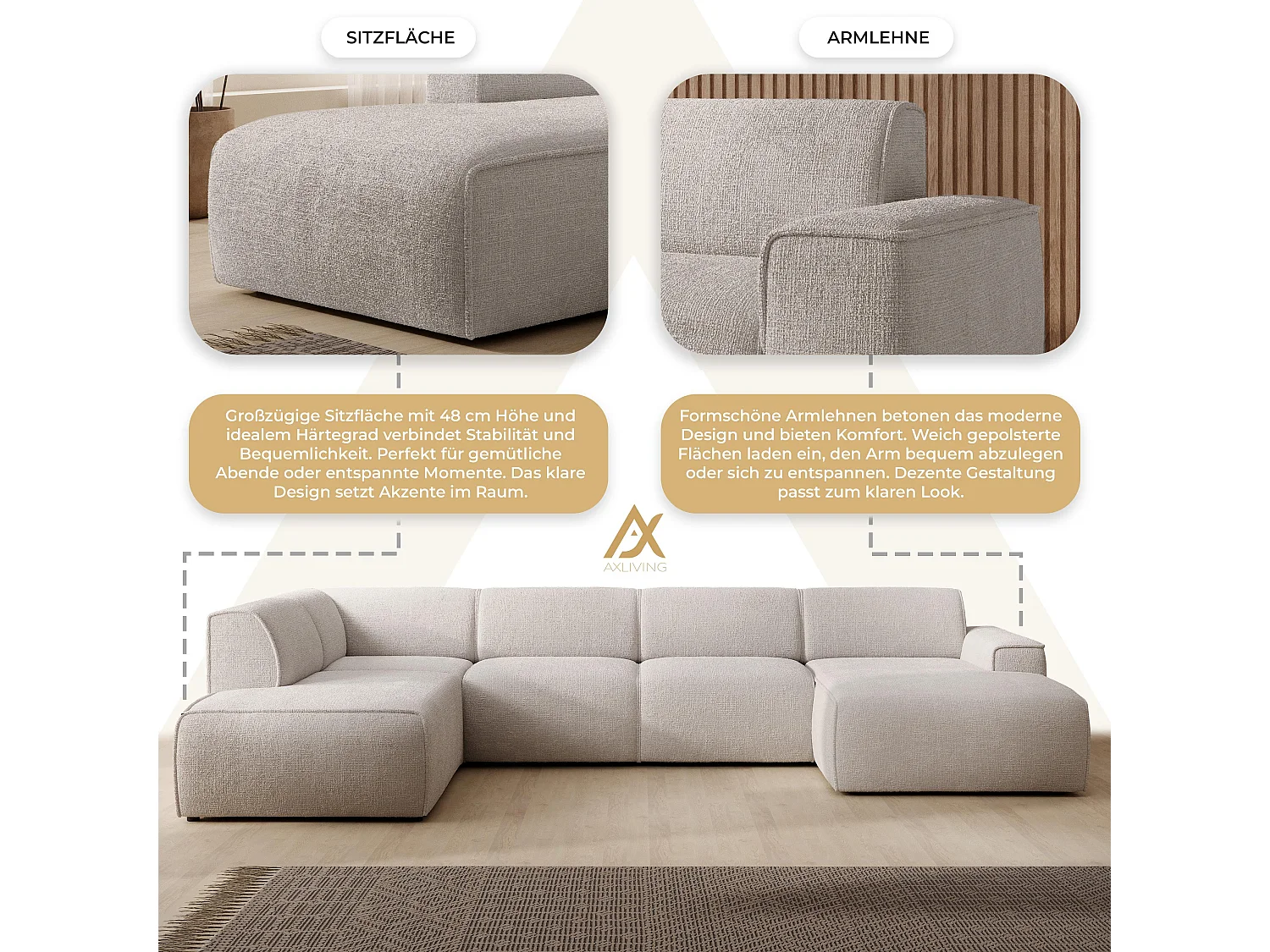 AX LIVING XXL Sofa U Form Didim Ivory 378cm breit modern & großzügig L