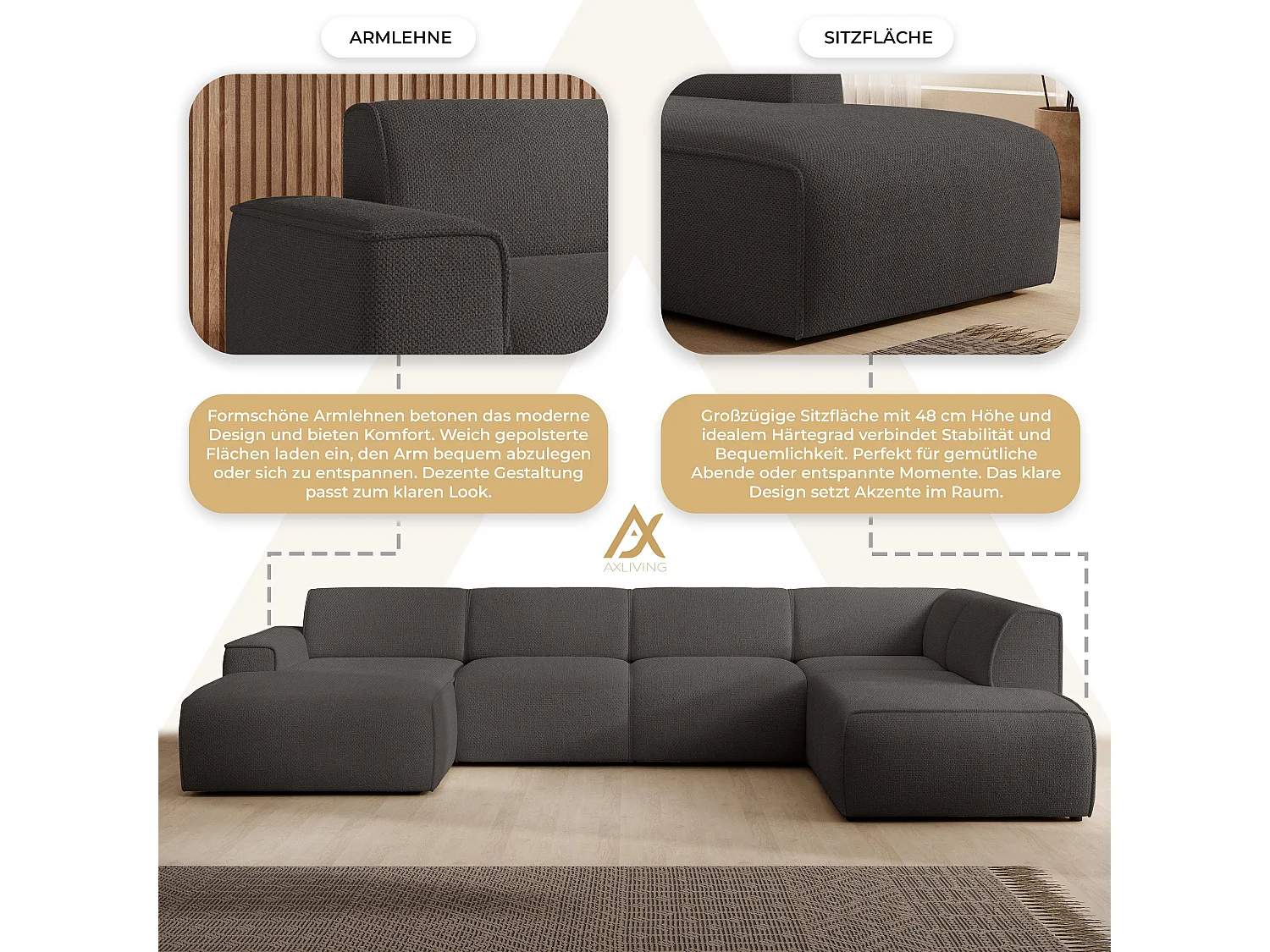 AX LIVING Canapé XXL en U Didim gris 378 cm moderne spacieux droite