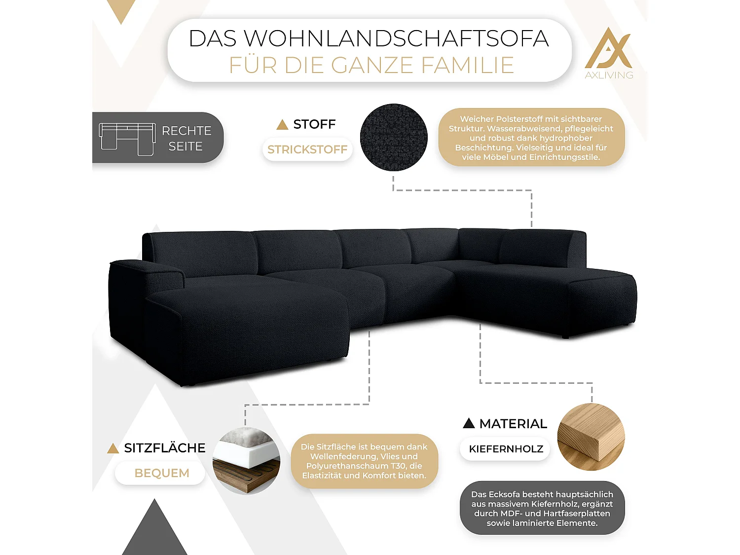 AX LIVING XXL Sofa U Form Didim Schwarz 378cm breit modern & großzügig R