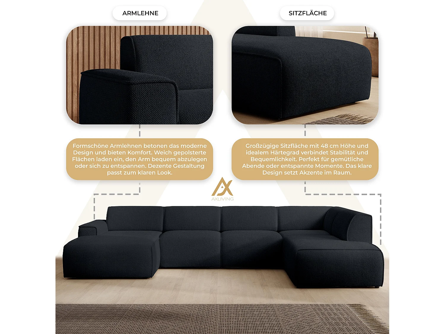 AX LIVING XXL Sofa U Form Didim Schwarz 378cm breit modern & großzügig R