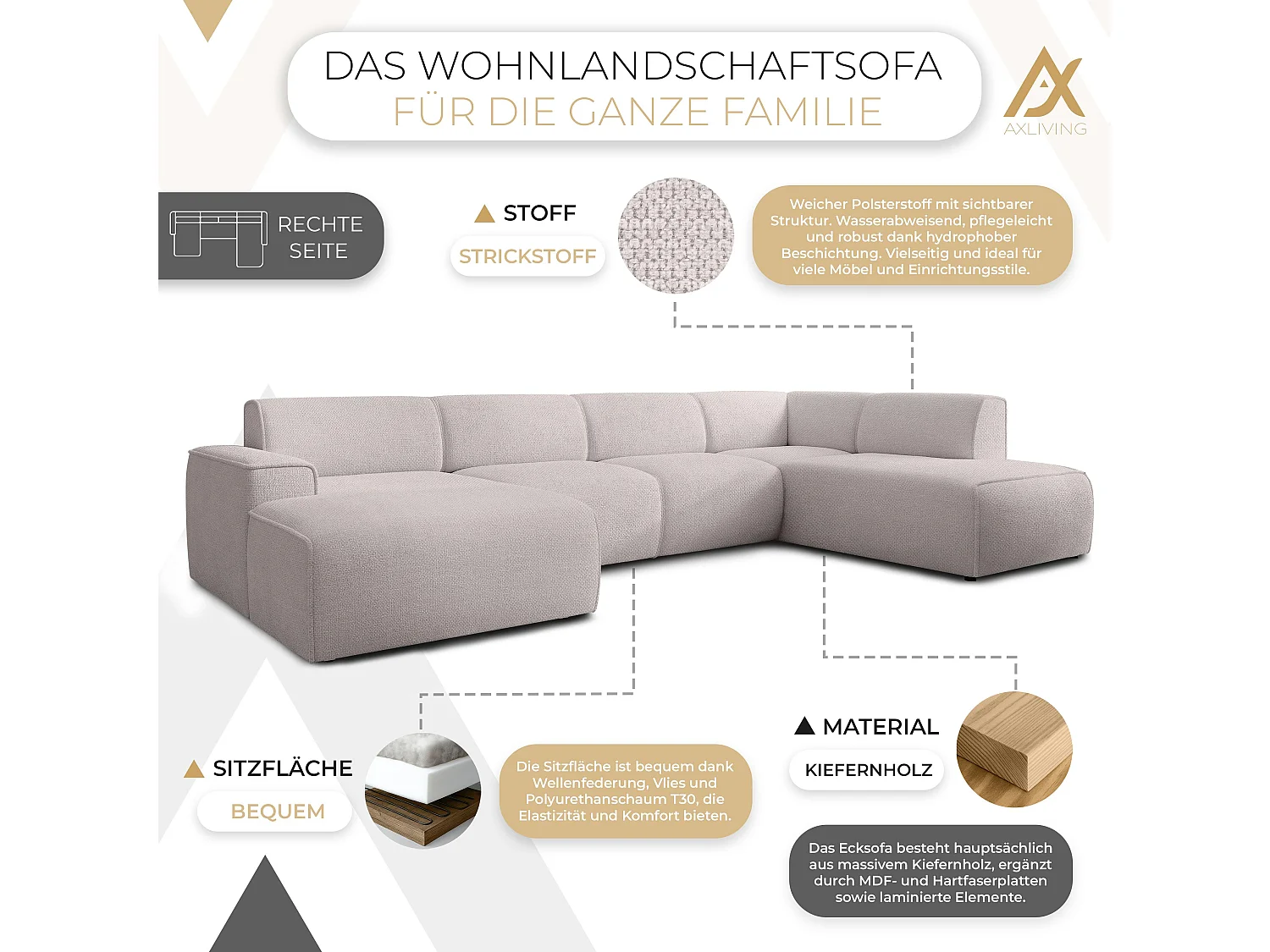AX LIVING XXL Sofa U Form Didim Creme 378cm breit modern & großzügig R