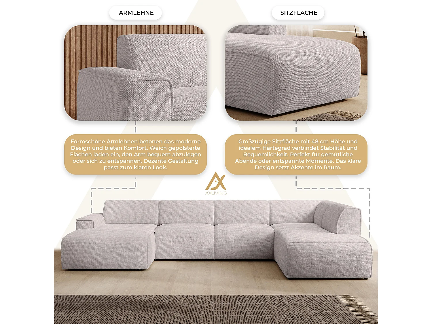 AX LIVING XXL Sofa U Form Didim Creme 378cm breit modern & großzügig R