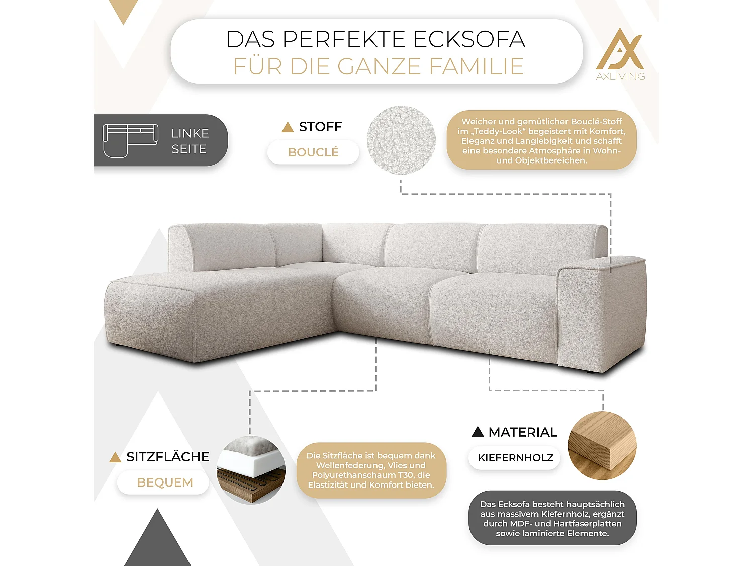 AX LIVING Couch Sofa L Form Didim L Weiß – 292 cm, stilvoll & bequem L