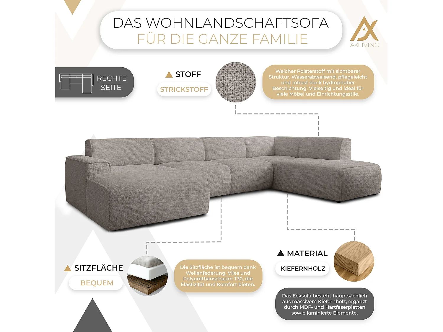AX LIVING XXL Sofa U Form Didim Beige 378cm breit modern & großzügig R