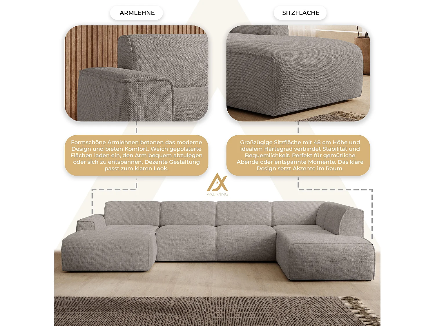 AX LIVING XXL Sofa U Form Didim Beige 378cm breit modern & großzügig R