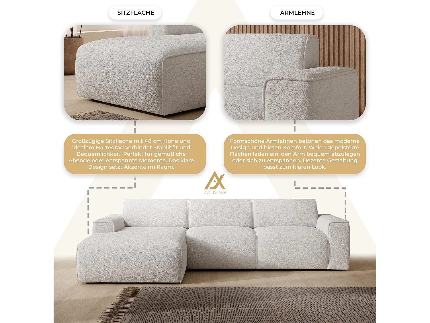 AX LIVING Couch Sofa L Form Didim mini Weiß 310 cm breit, stilvoll L