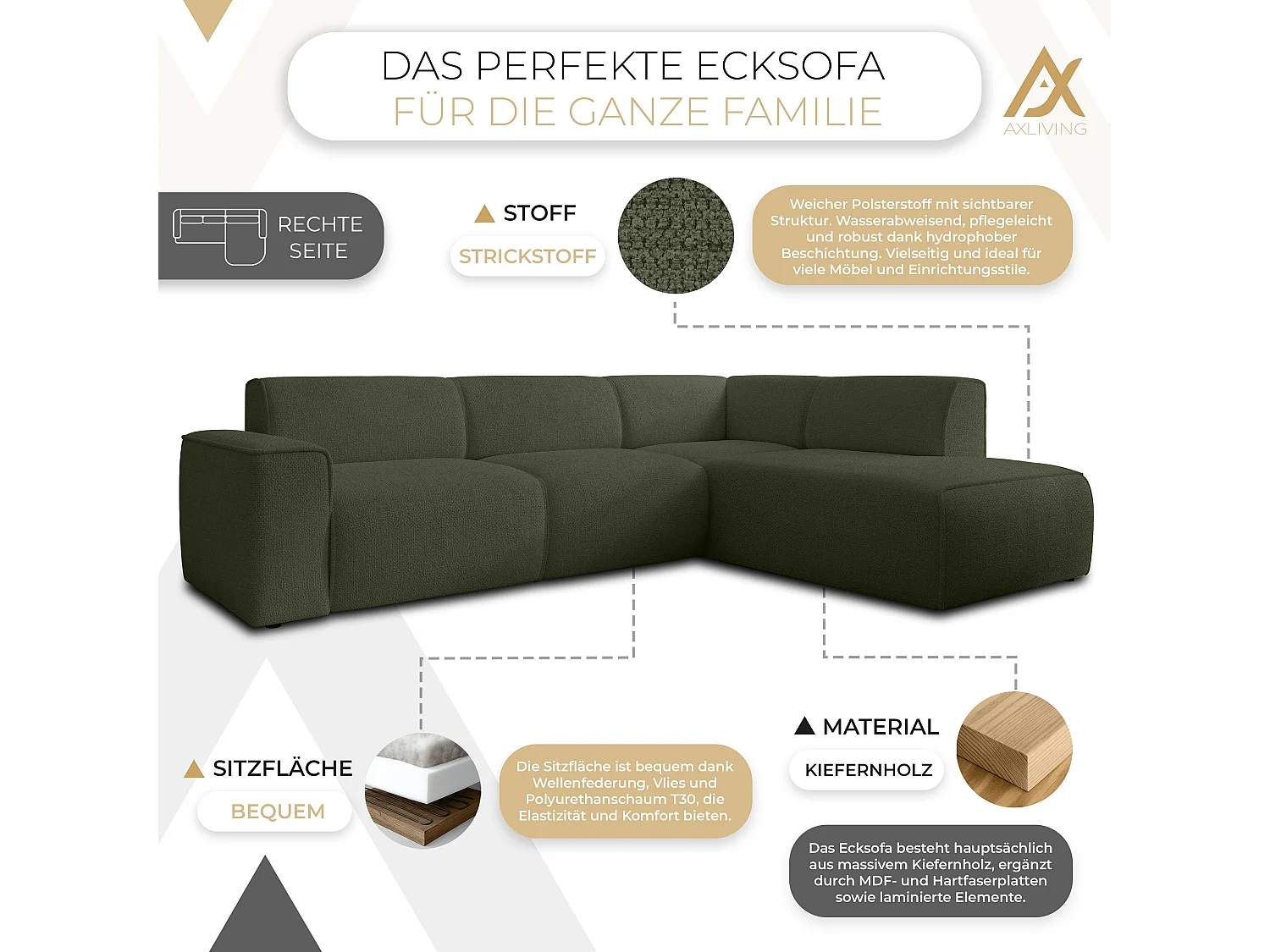 AX LIVING Couch Sofa L Form Didim L Grün – 292 cm, stilvoll & bequem R
