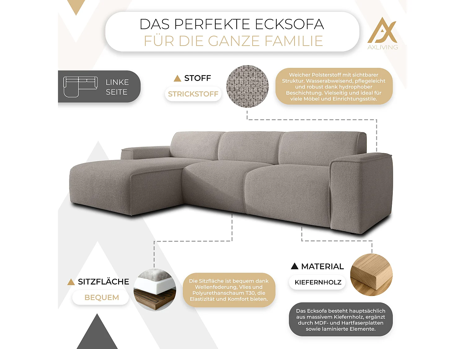 AX LIVING Couch Sofa L Form Didim mini Beige 310 cm breit, stilvoll L