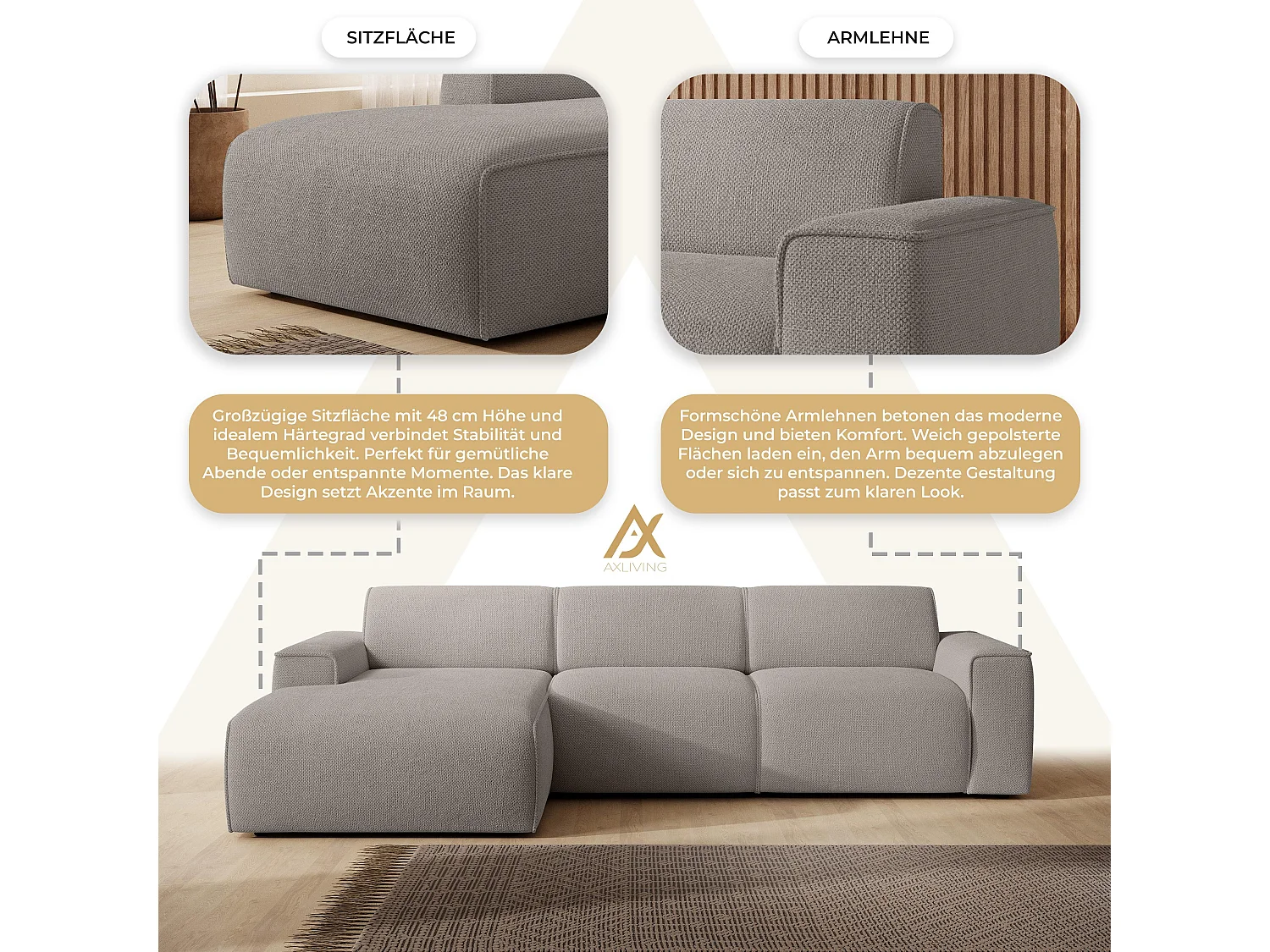 AX LIVING Couch Sofa L Form Didim mini Beige 310 cm breit, stilvoll L
