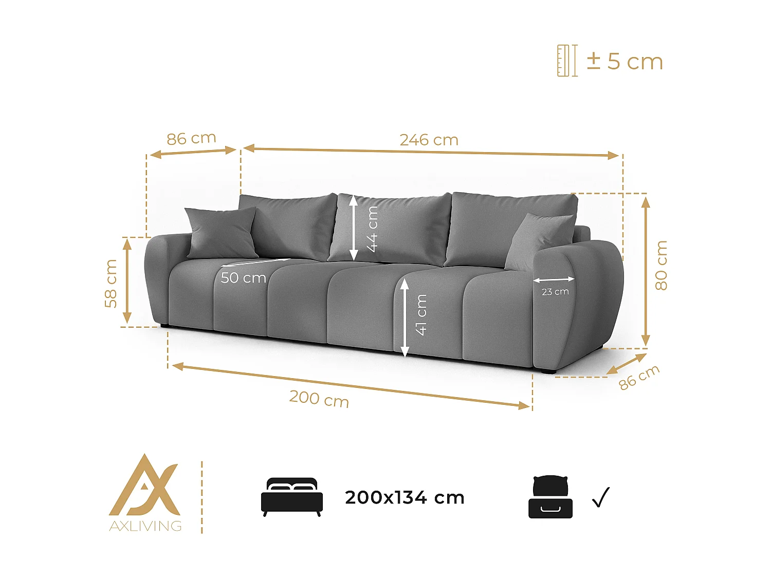 AX LIVING Canapé convertible Malatya Big sofa gris foncé 246 cm moderne